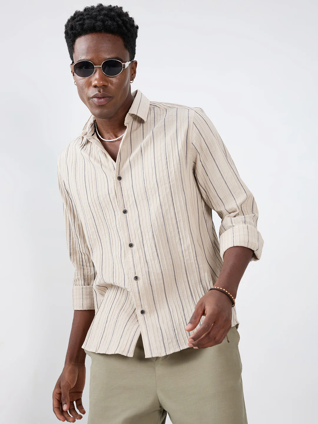 Intricate Beige & Navy Raised Striped Shirt - Image 4