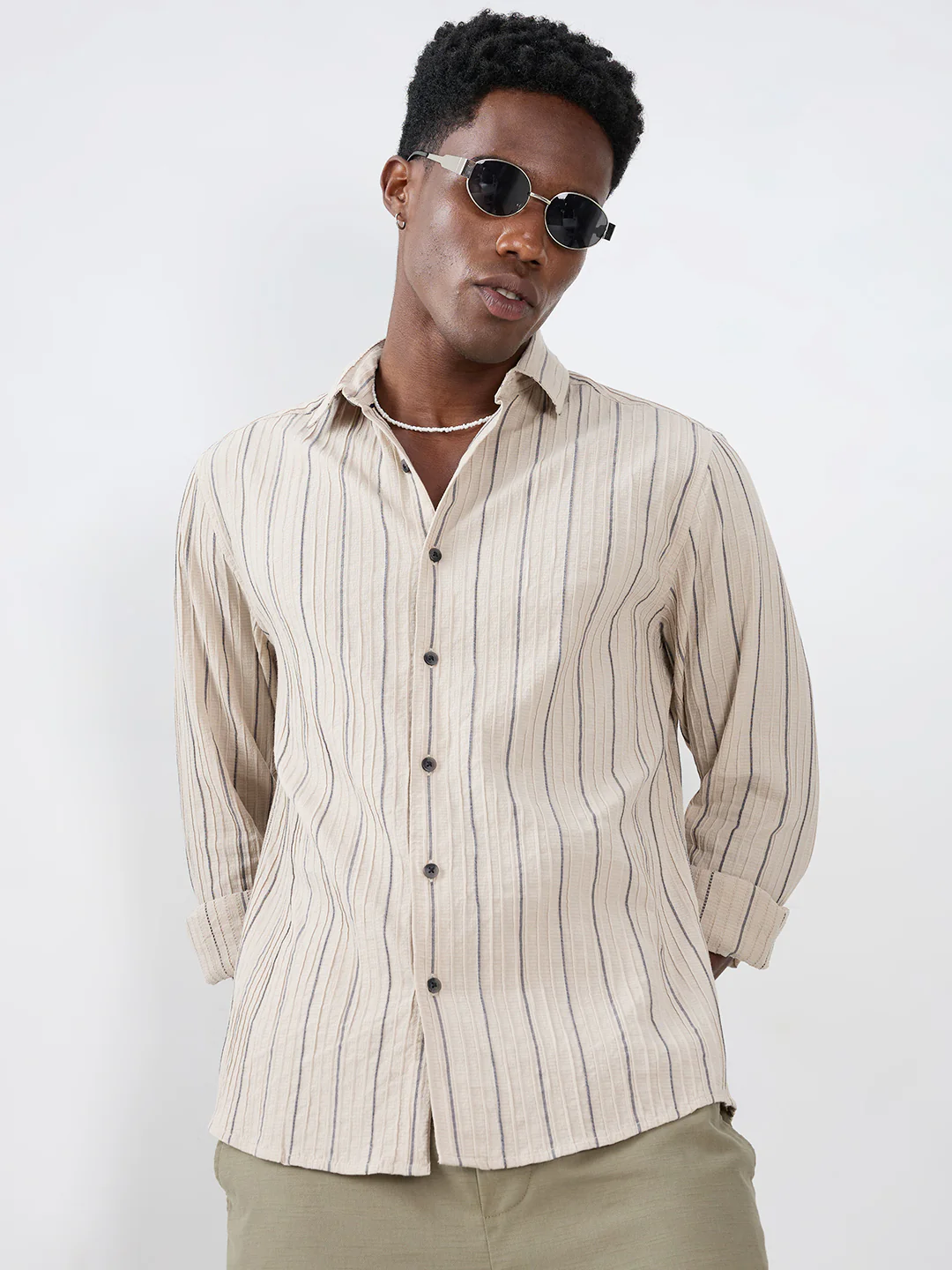 Intricate Beige & Navy Raised Striped Shirt - Image 5