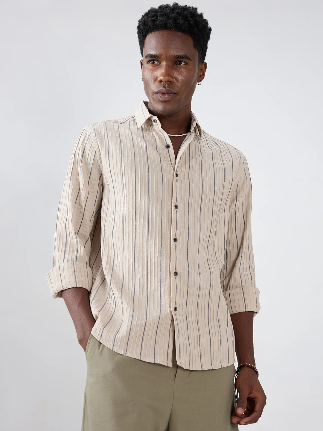 Intricate Beige & Navy Raised Striped Shirt - Image 6