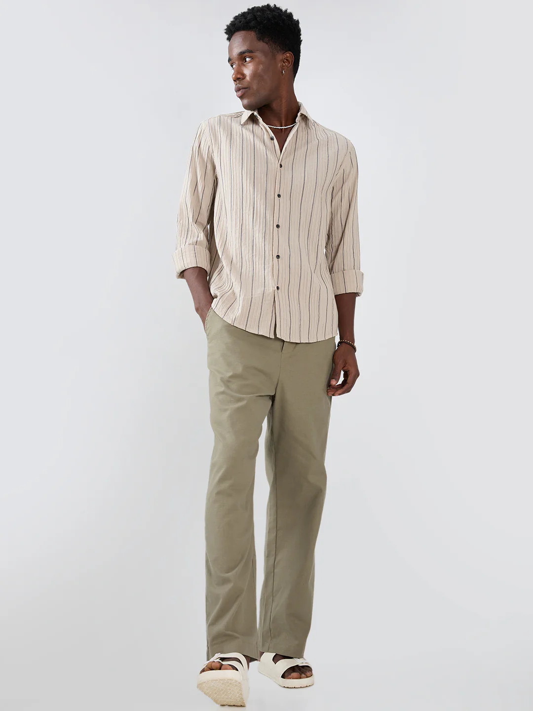 Intricate Beige & Navy Raised Striped Shirt - Image 8