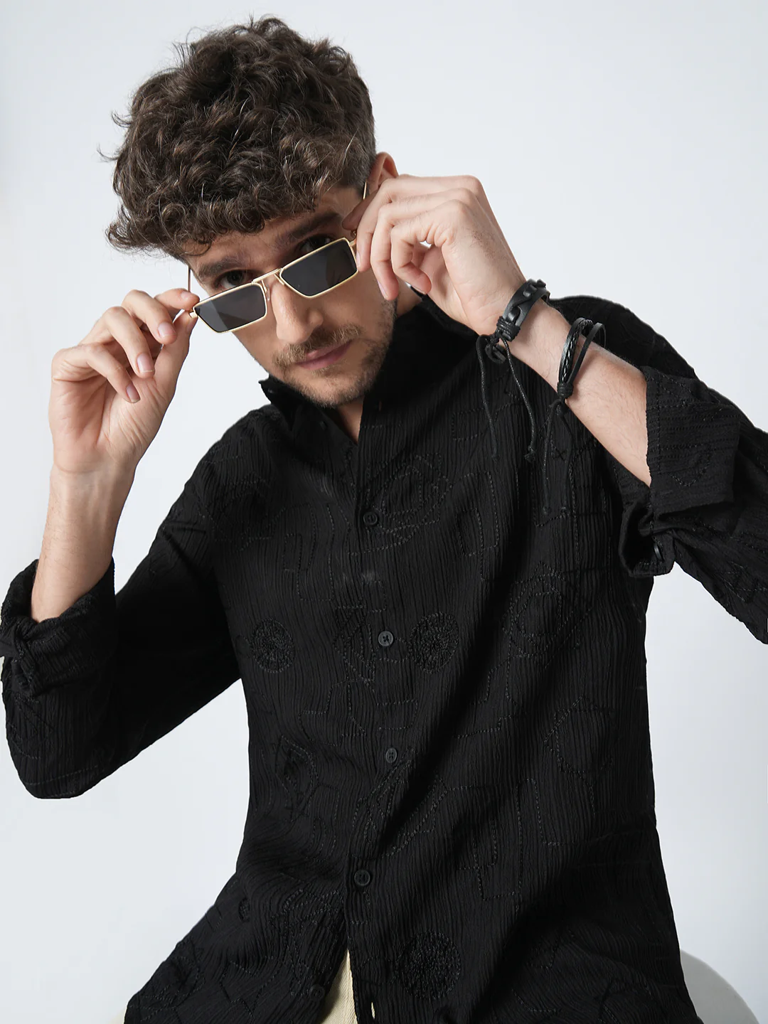 Intricate Black Embroidered Textured Shirt - Image 2