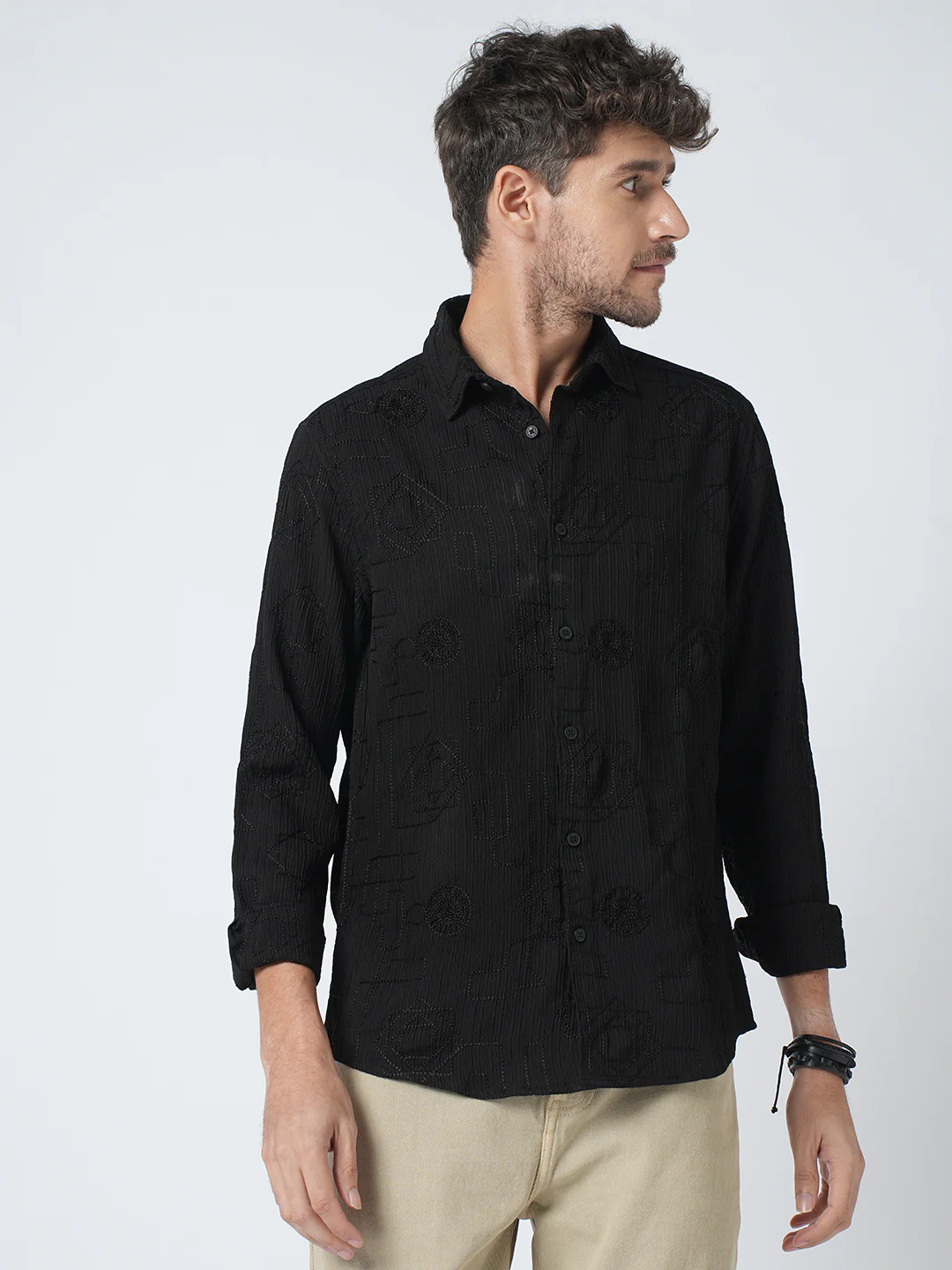 Intricate Black Embroidered Textured Shirt - Image 4