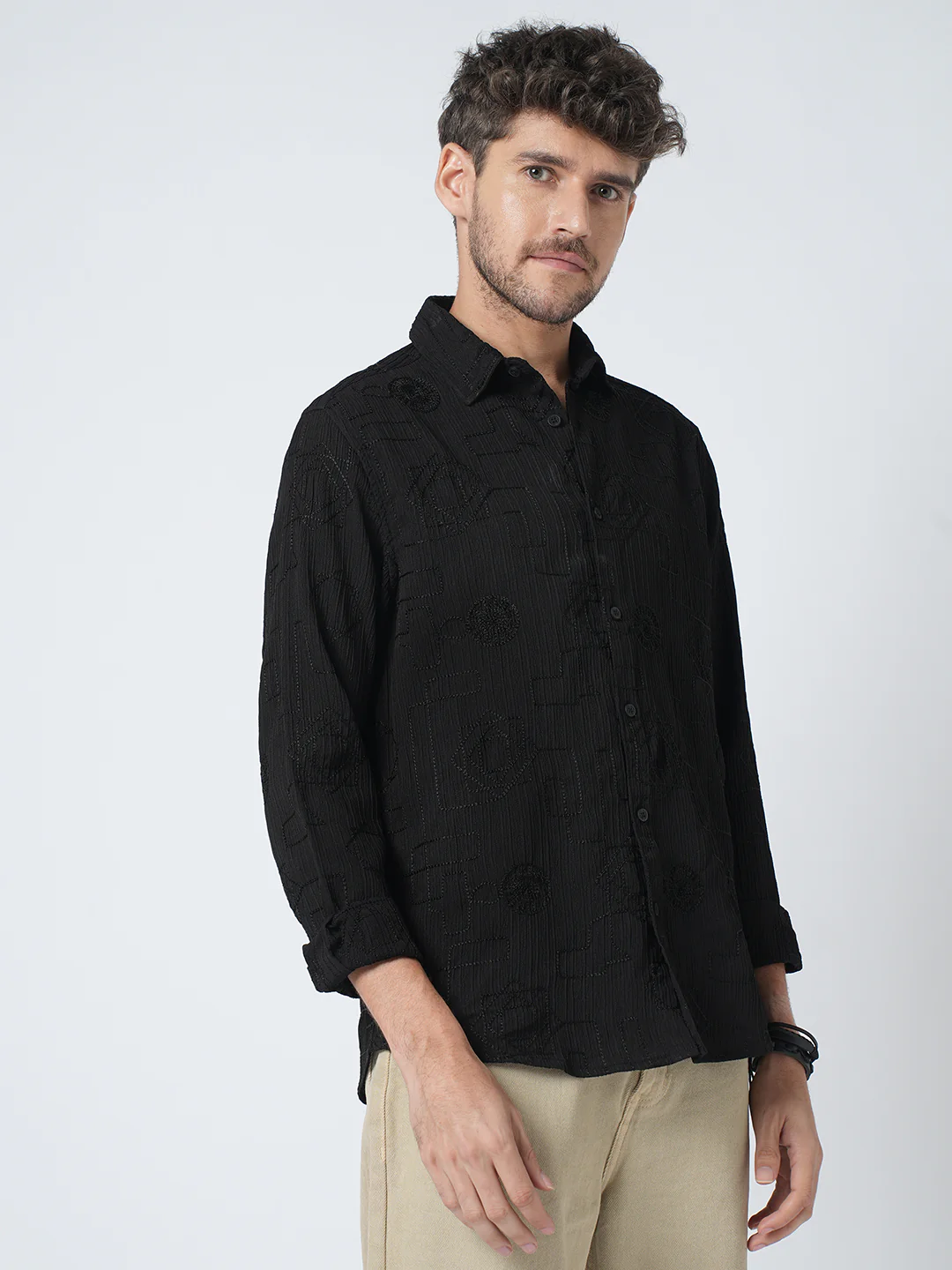 Intricate Black Embroidered Textured Shirt - Image 5