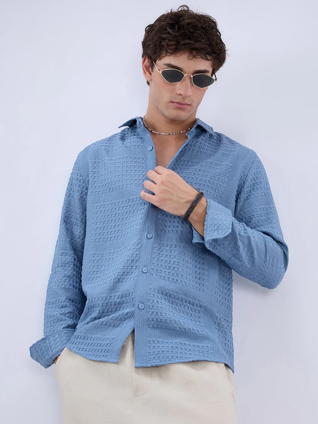 Intricate Columbia Blue Raised Motif Textured Shirt - Image 2