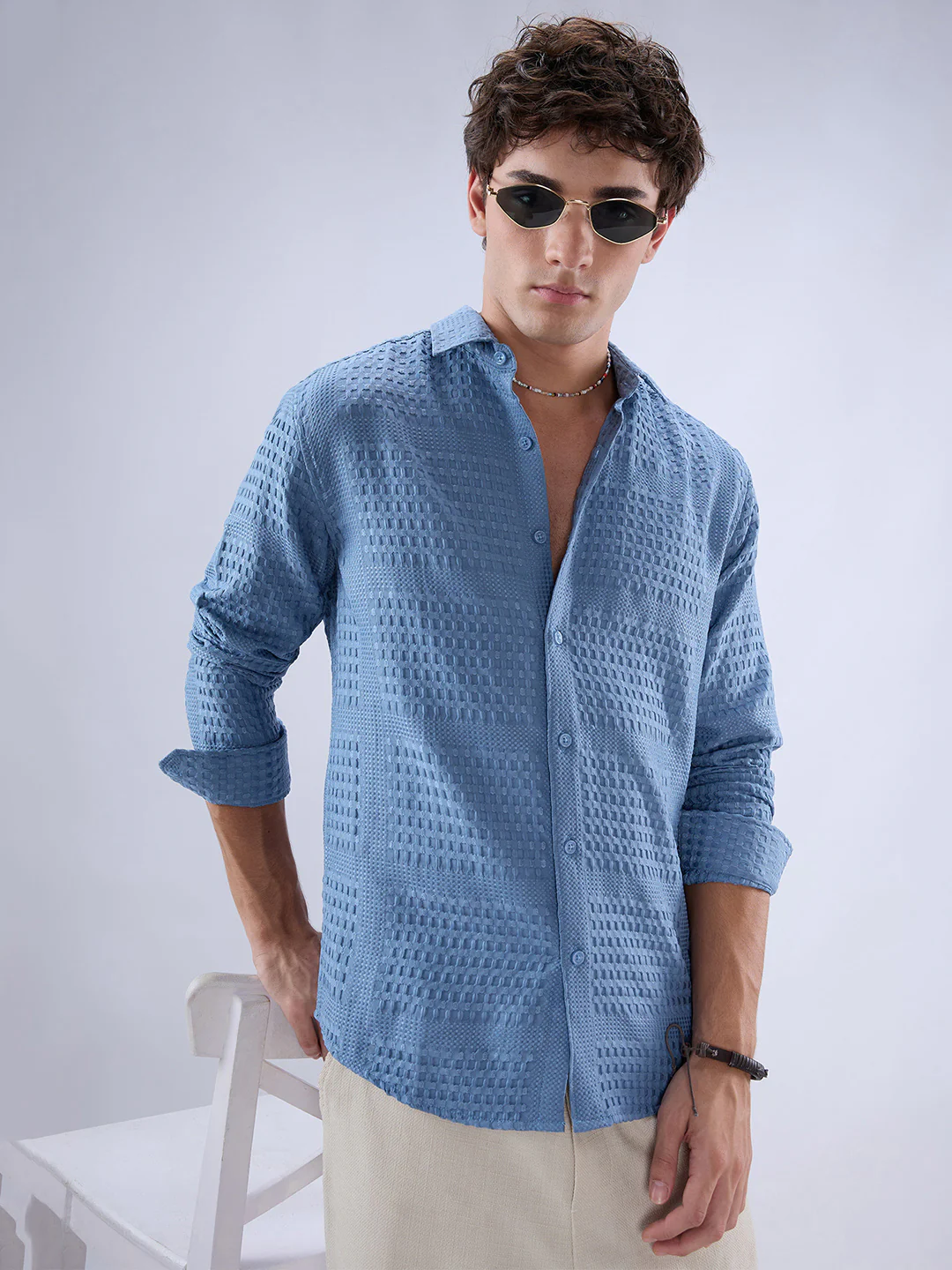 Intricate Columbia Blue Raised Motif Textured Shirt - Image 4