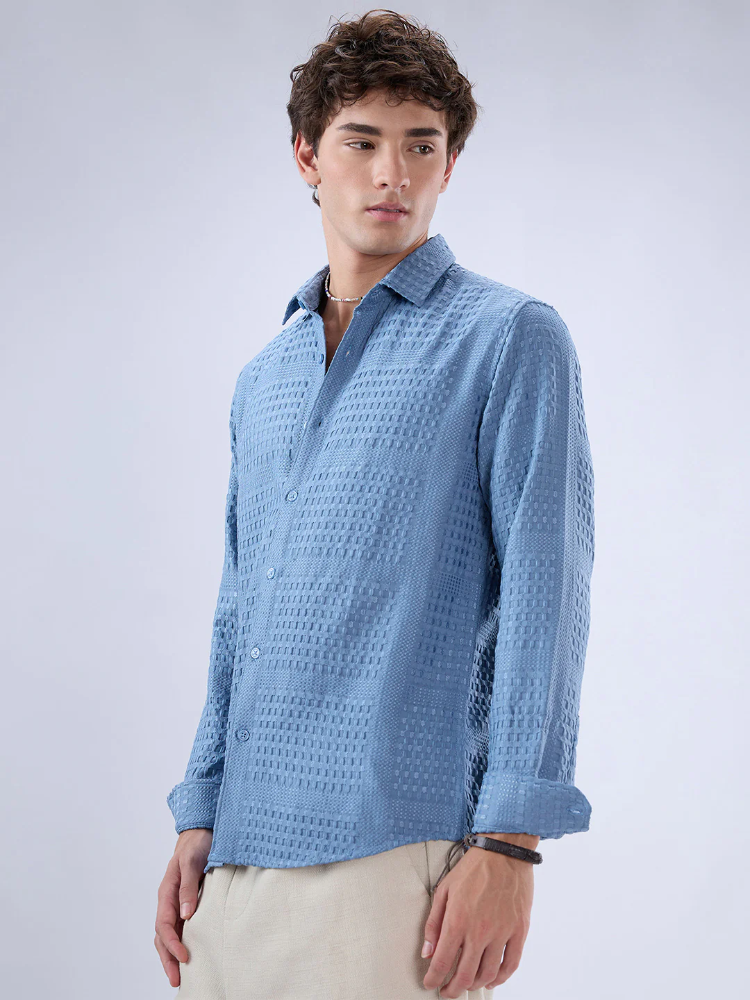 Intricate Columbia Blue Raised Motif Textured Shirt - Image 7
