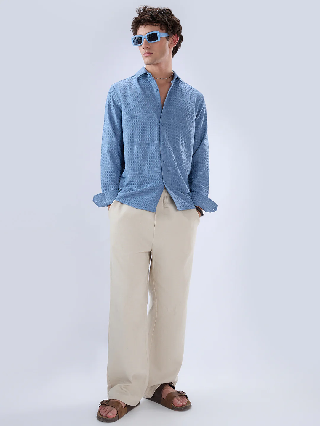 Intricate Columbia Blue Raised Motif Textured Shirt - Image 9