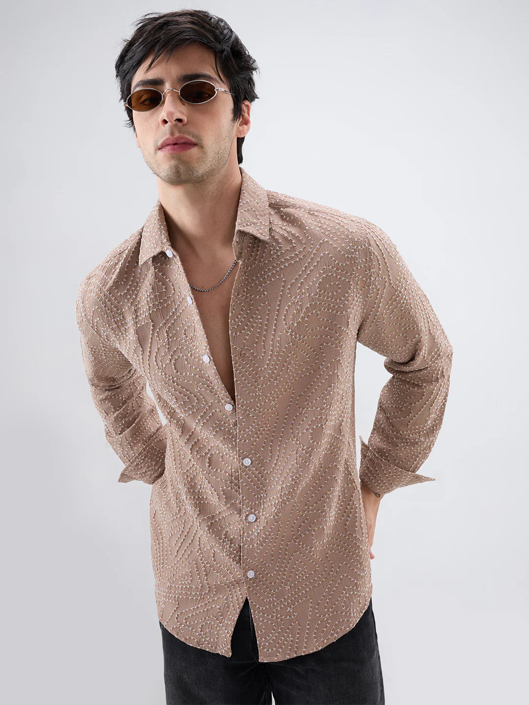 Intricate Dessert Brown Thread Flow Raised Stitch Shirt - Image 2