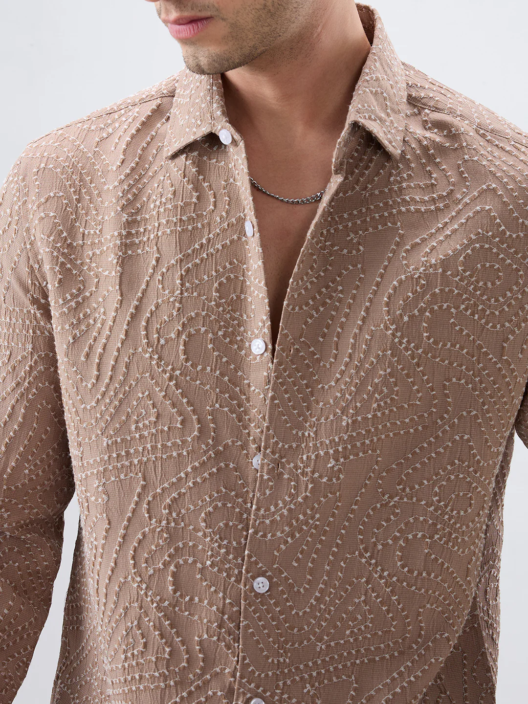 Intricate Dessert Brown Thread Flow Raised Stitch Shirt - Image 3