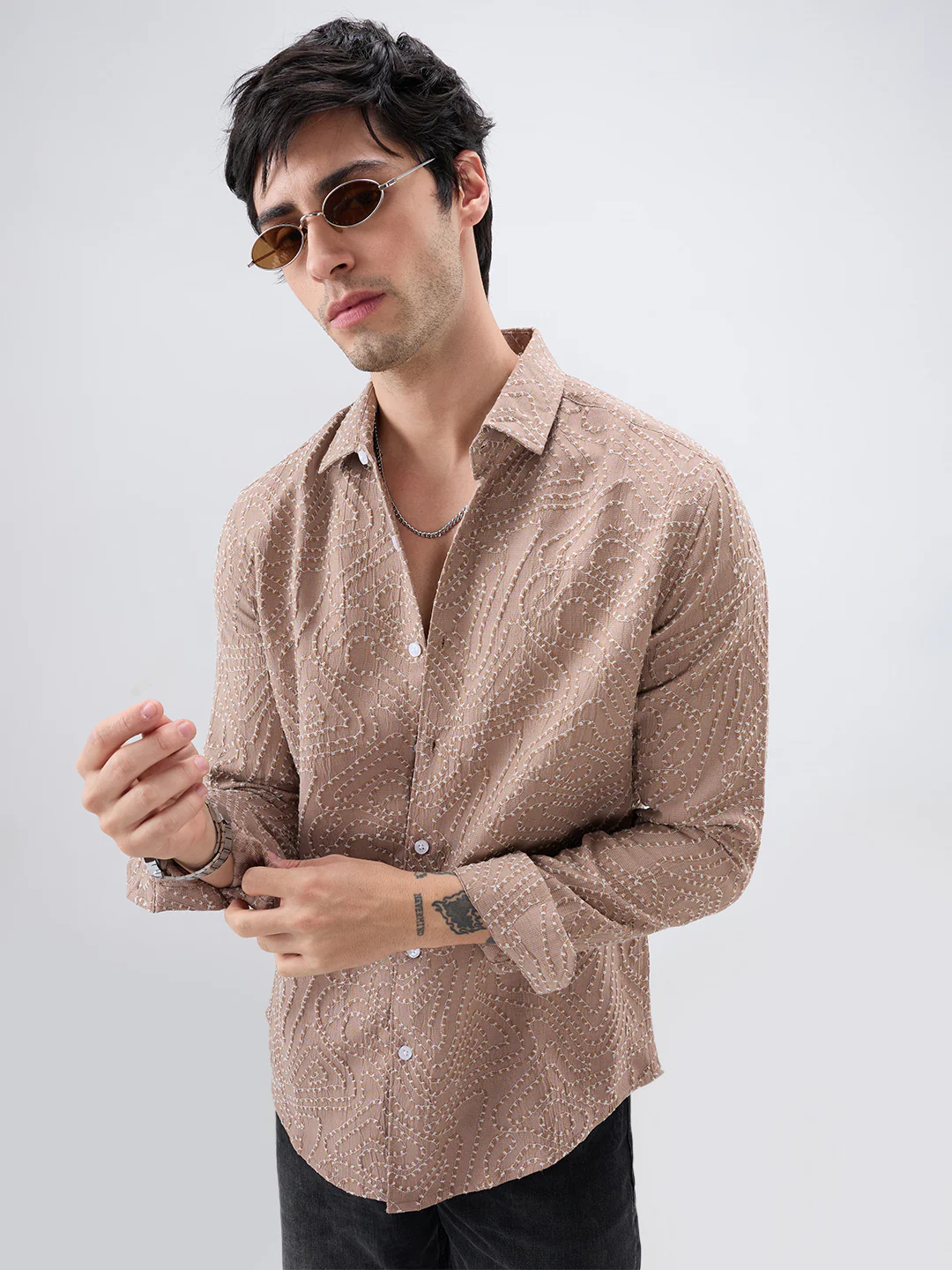 Intricate Dessert Brown Thread Flow Raised Stitch Shirt - Image 4