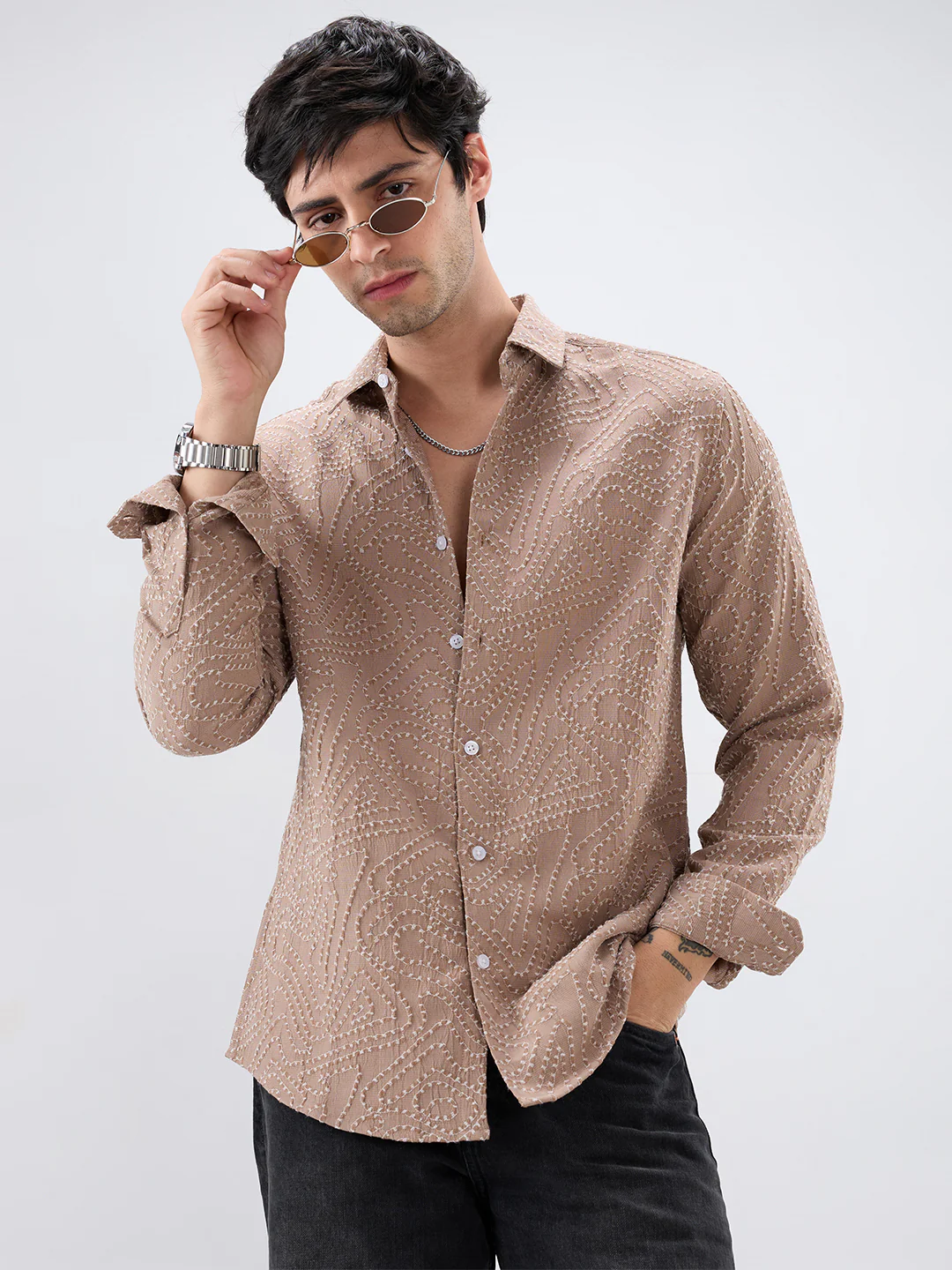 Intricate Dessert Brown Thread Flow Raised Stitch Shirt - Image 5