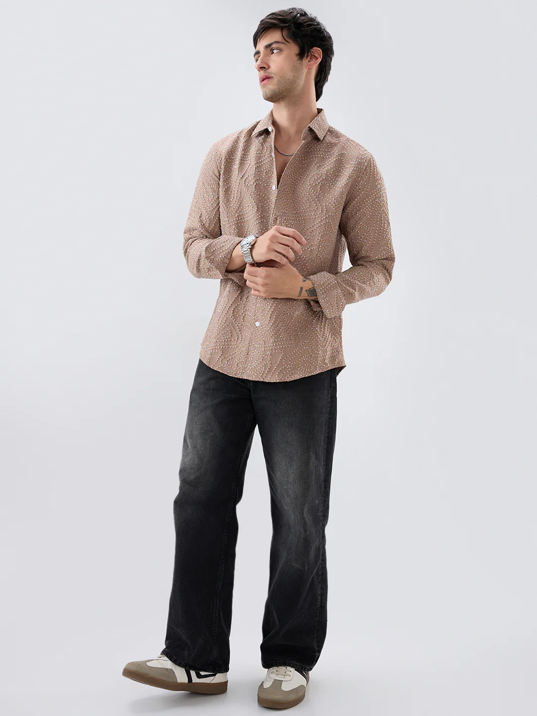 Intricate Dessert Brown Thread Flow Raised Stitch Shirt - Image 7
