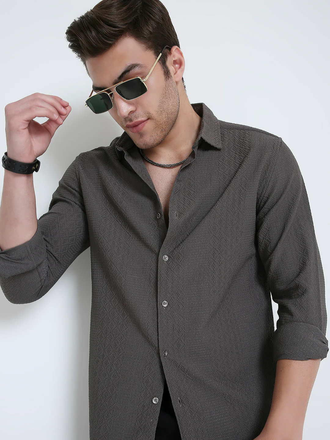 Intricate Diamond Textured Olive Shirt - Image 2