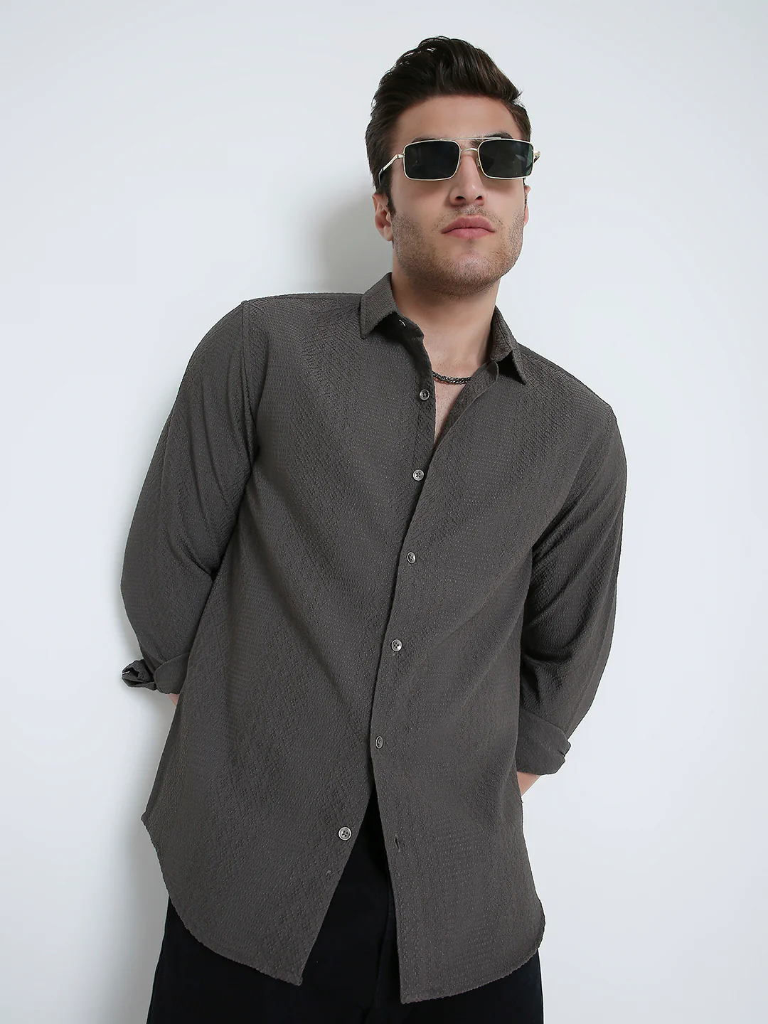 Intricate Diamond Textured Olive Shirt - Image 4
