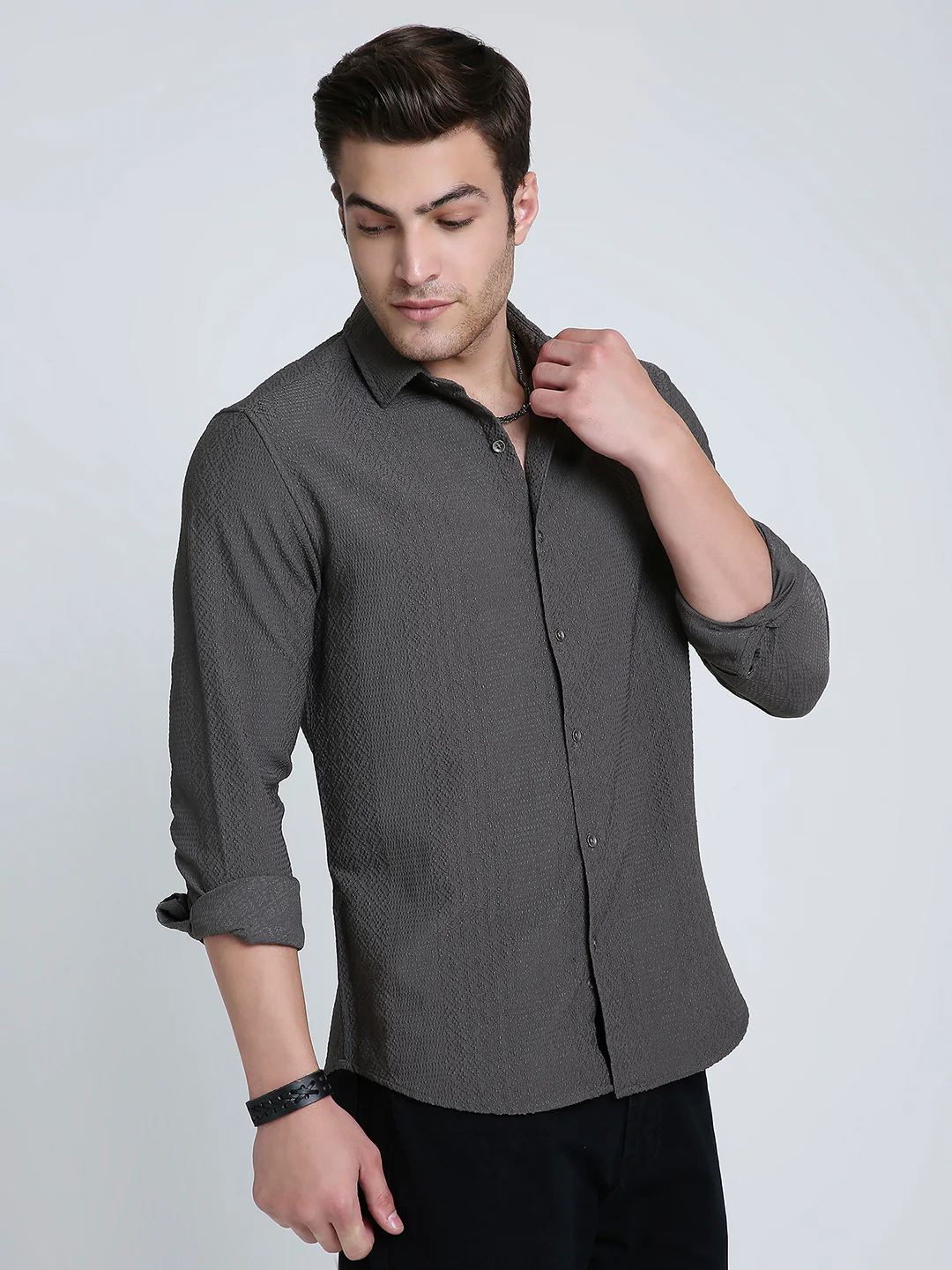 Intricate Diamond Textured Olive Shirt - Image 6