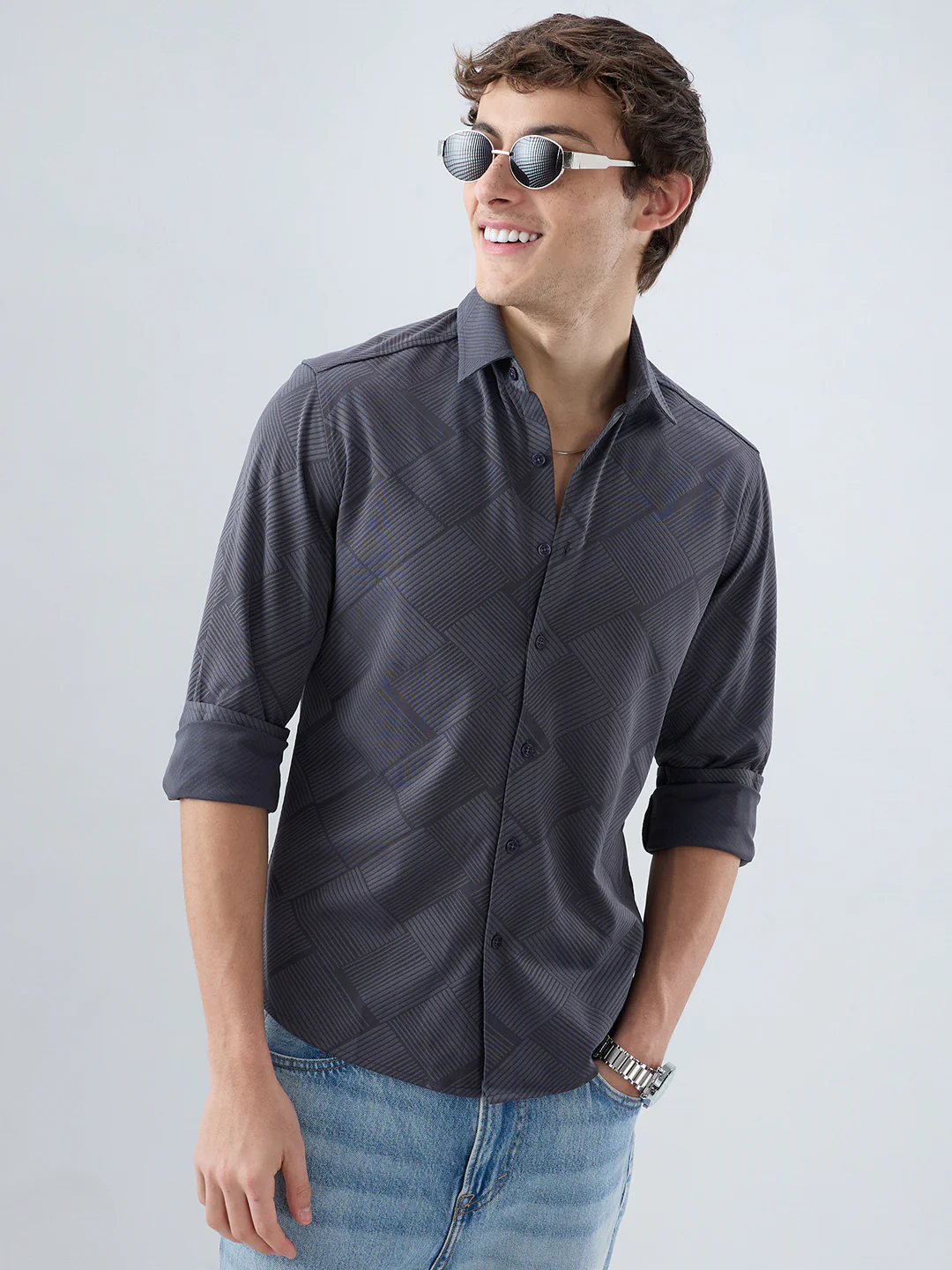 Intricate Grey Block Weave Knitted Shirt - Image 4