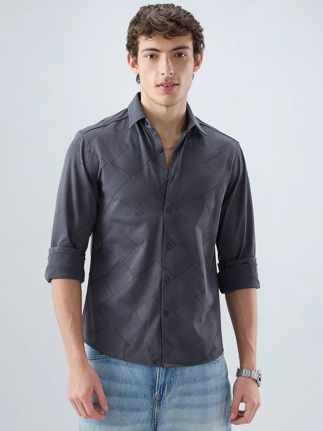 Intricate Grey Block Weave Knitted Shirt - Image 5
