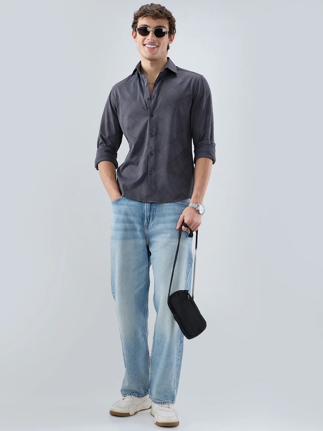 Intricate Grey Block Weave Knitted Shirt - Image 8