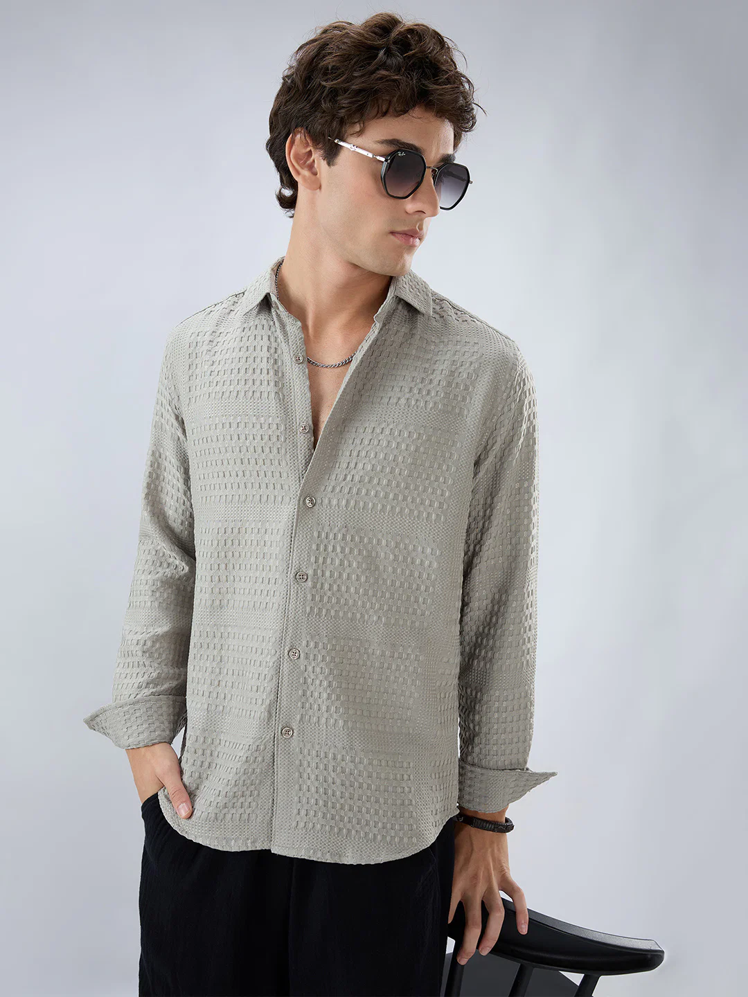Intricate Grey Raised Motif Textured Shirt - Image 2