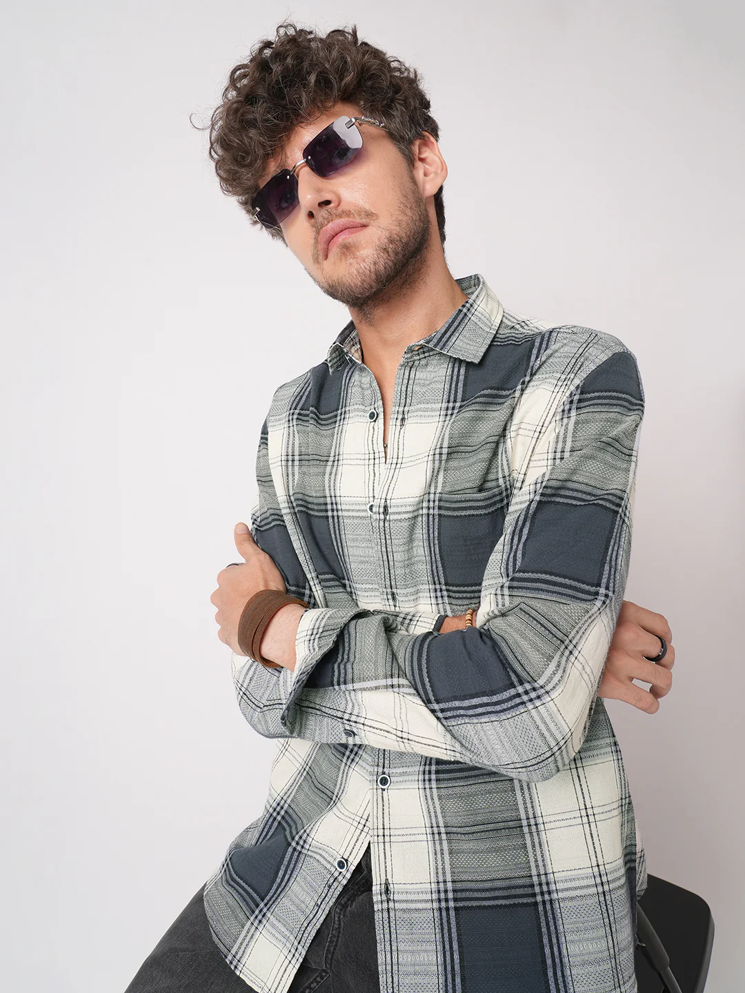 Intricate Micro Weave White Plaid Checks Jacquard Shirt - Image 4