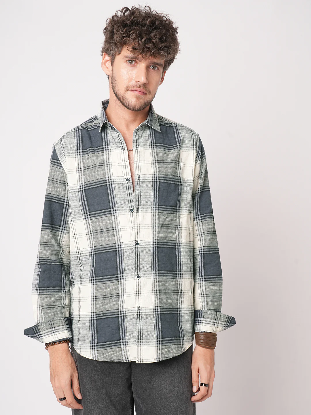 Intricate Micro Weave White Plaid Checks Jacquard Shirt - Image 5