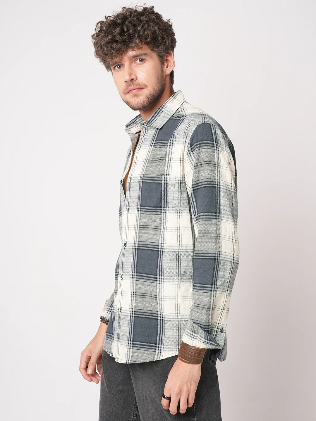 Intricate Micro Weave White Plaid Checks Jacquard Shirt - Image 6
