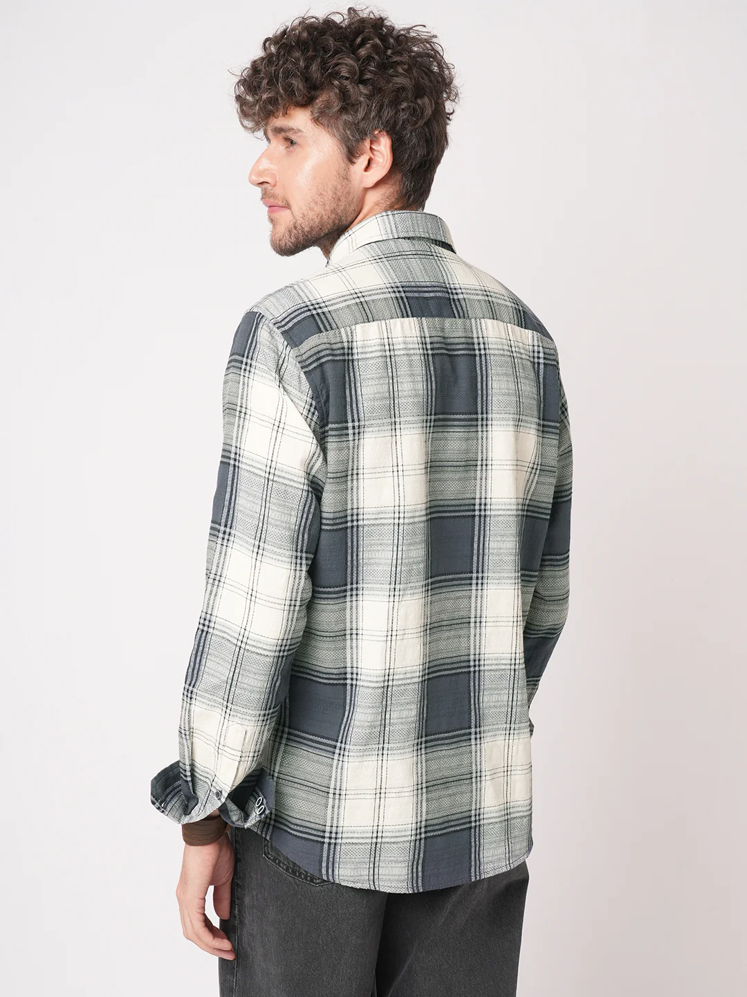 Intricate Micro Weave White Plaid Checks Jacquard Shirt - Image 7