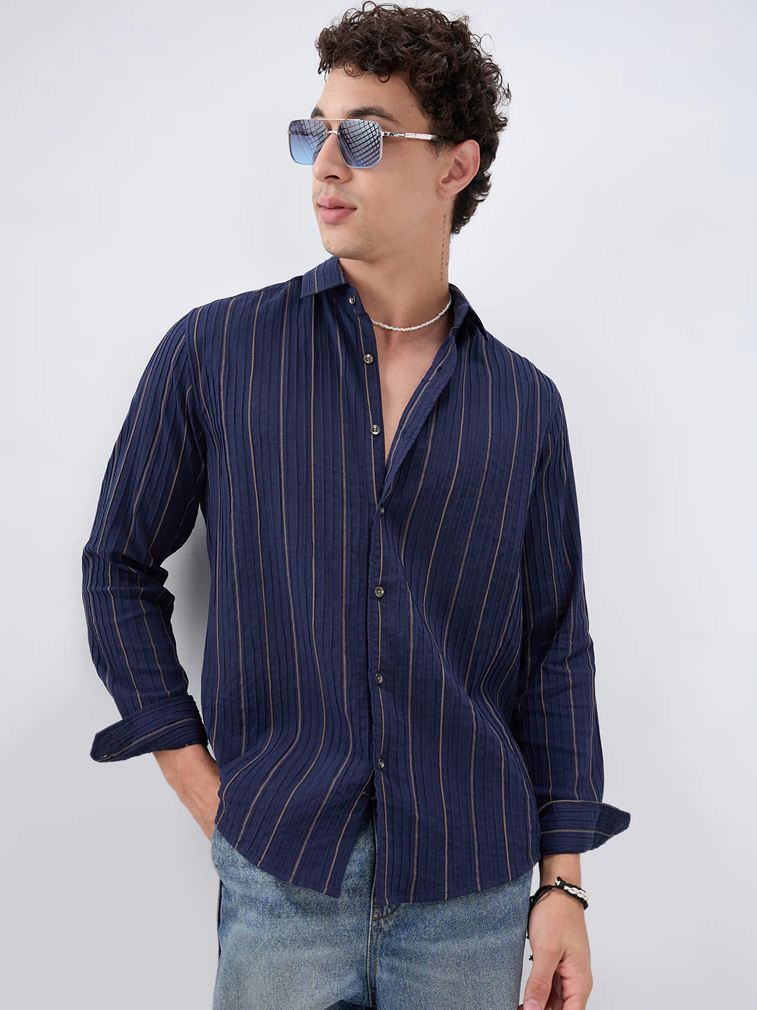 Intricate Navy & Olive Raised Striped Shirt - Image 2