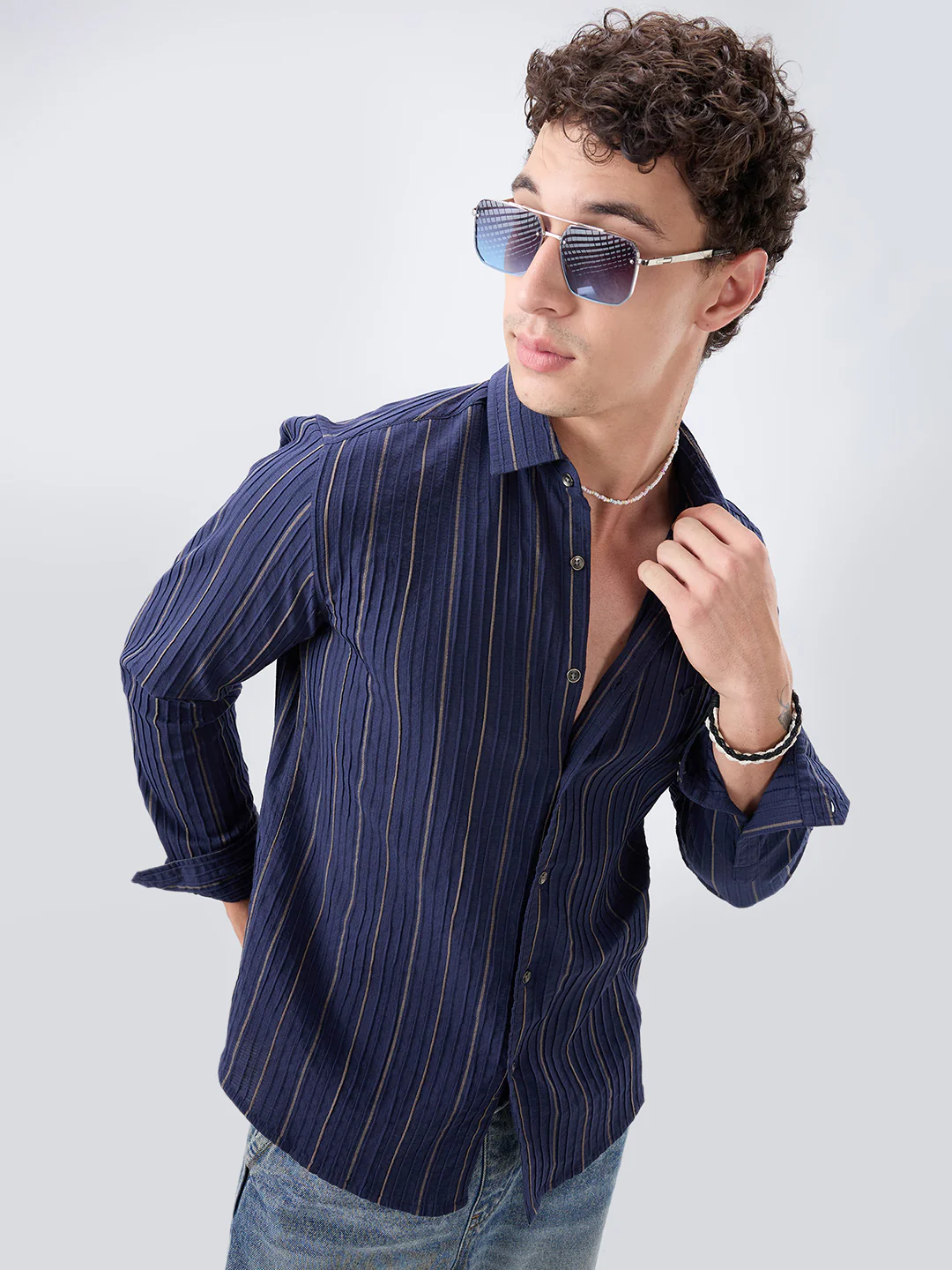 Intricate Navy & Olive Raised Striped Shirt - Image 4