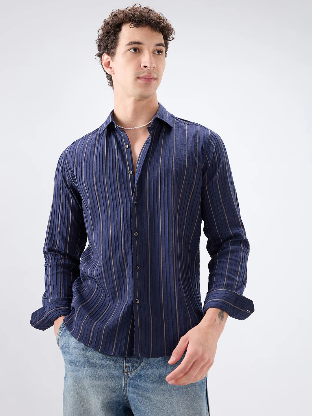 Intricate Navy & Olive Raised Striped Shirt - Image 5