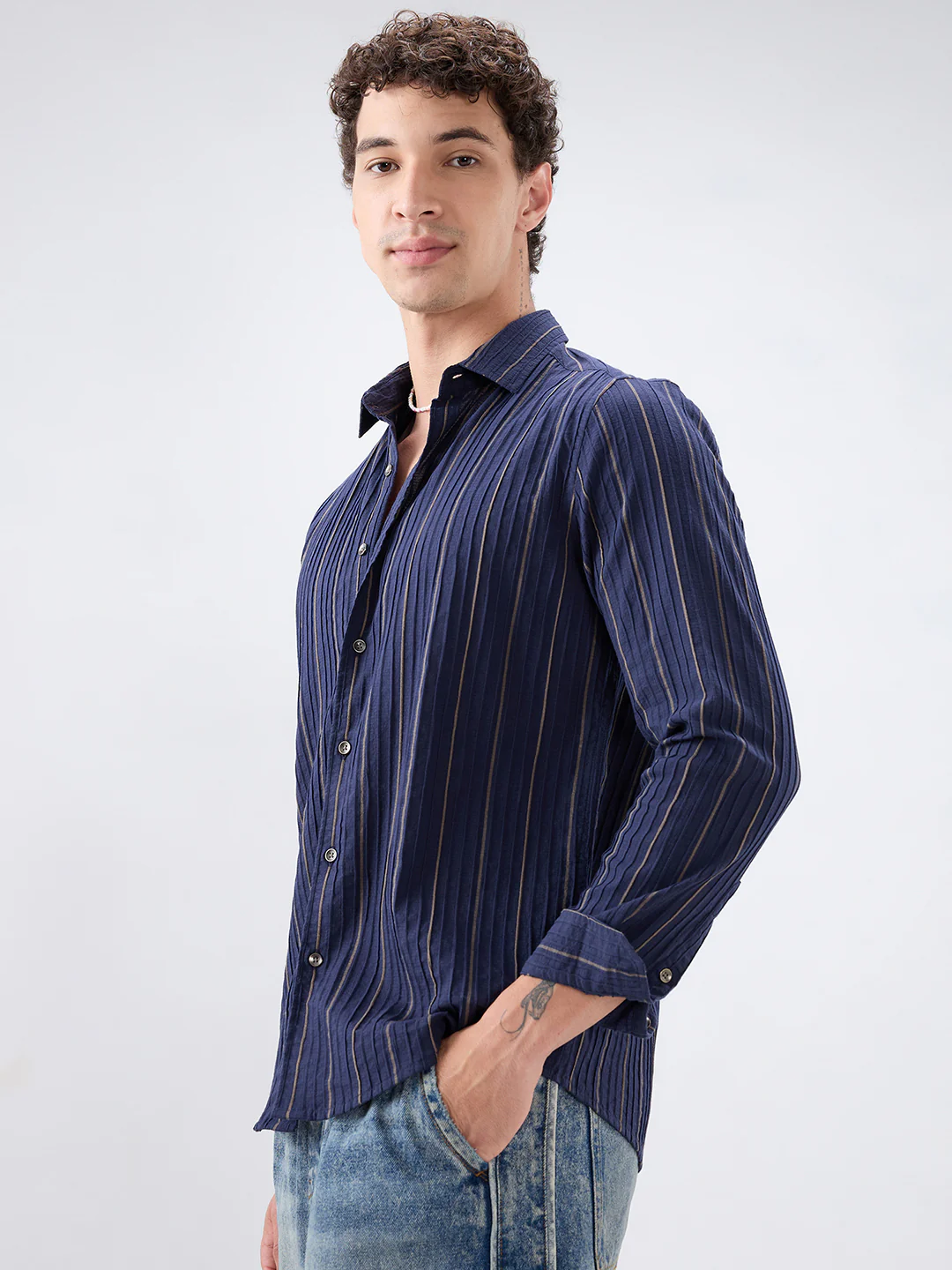Intricate Navy & Olive Raised Striped Shirt - Image 6