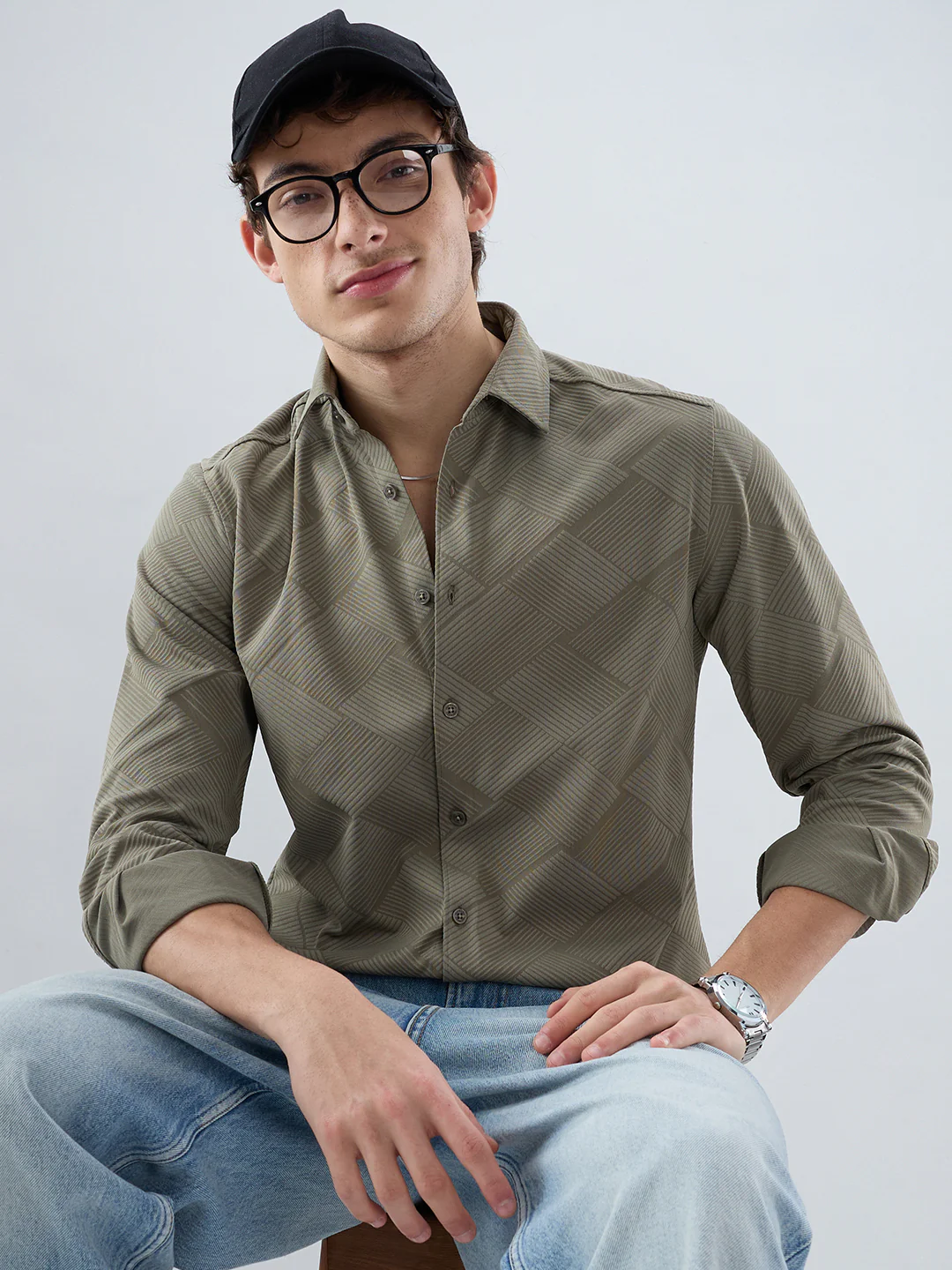 Intricate Olive Block Weave Knitted Shirt - Image 2