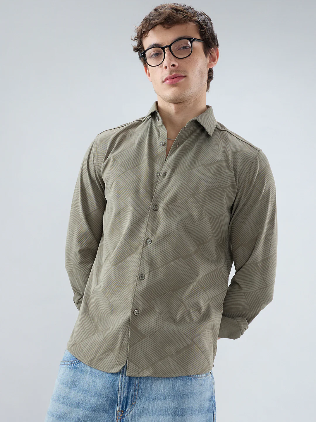 Intricate Olive Block Weave Knitted Shirt - Image 4