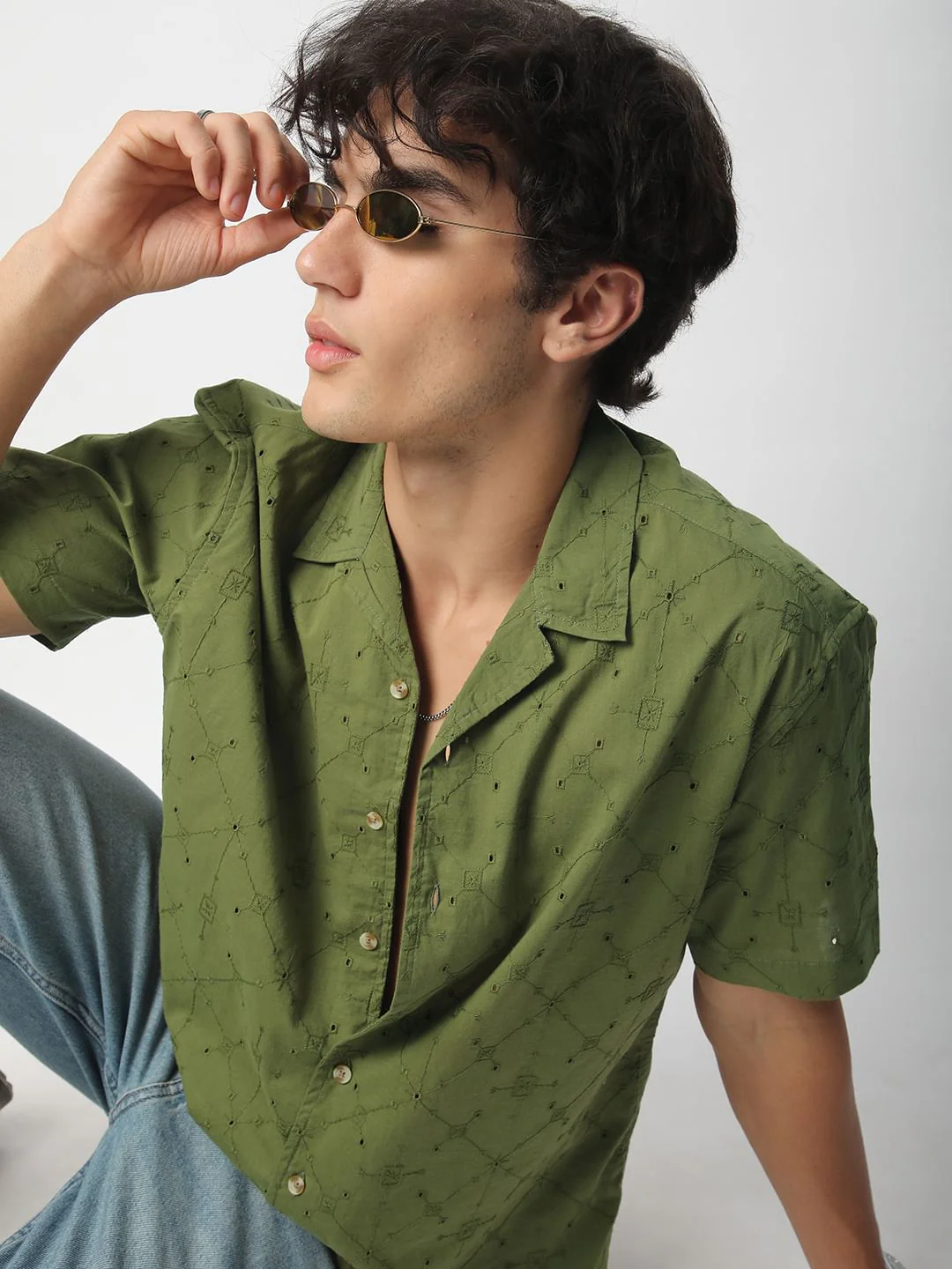 Intricate Olive Geometric Embroidered Oversized Shirt - Image 2