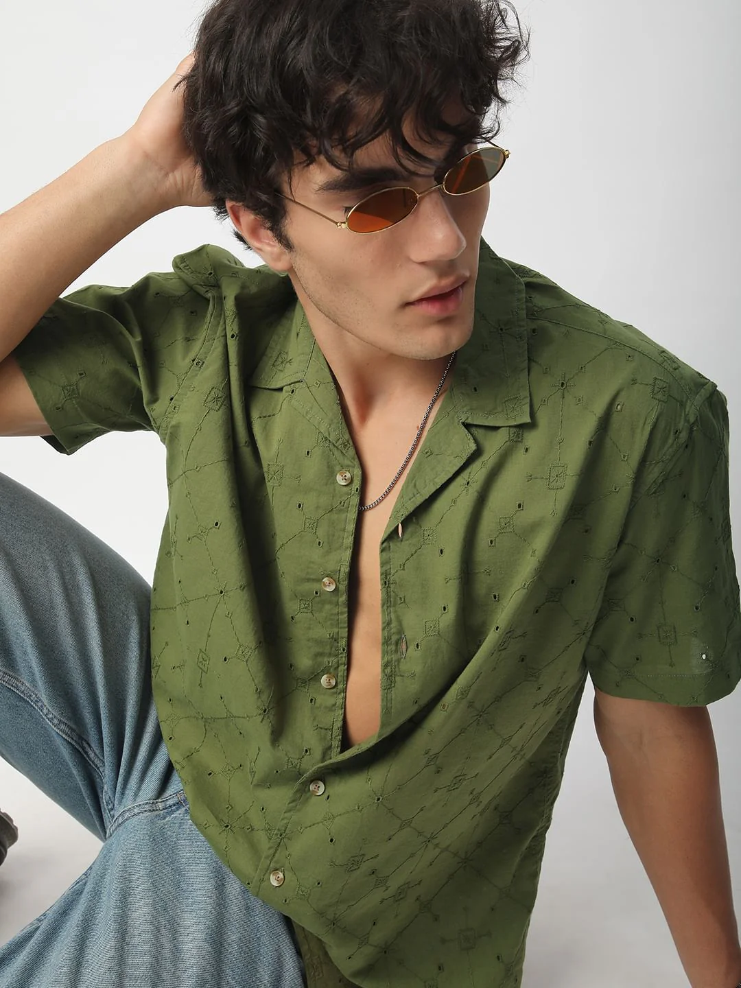 Intricate Olive Geometric Embroidered Oversized Shirt - Image 4