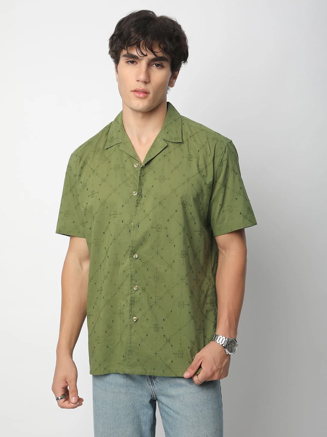 Intricate Olive Geometric Embroidered Oversized Shirt - Image 5