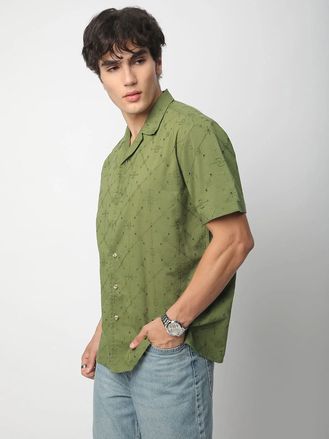 Intricate Olive Geometric Embroidered Oversized Shirt - Image 6