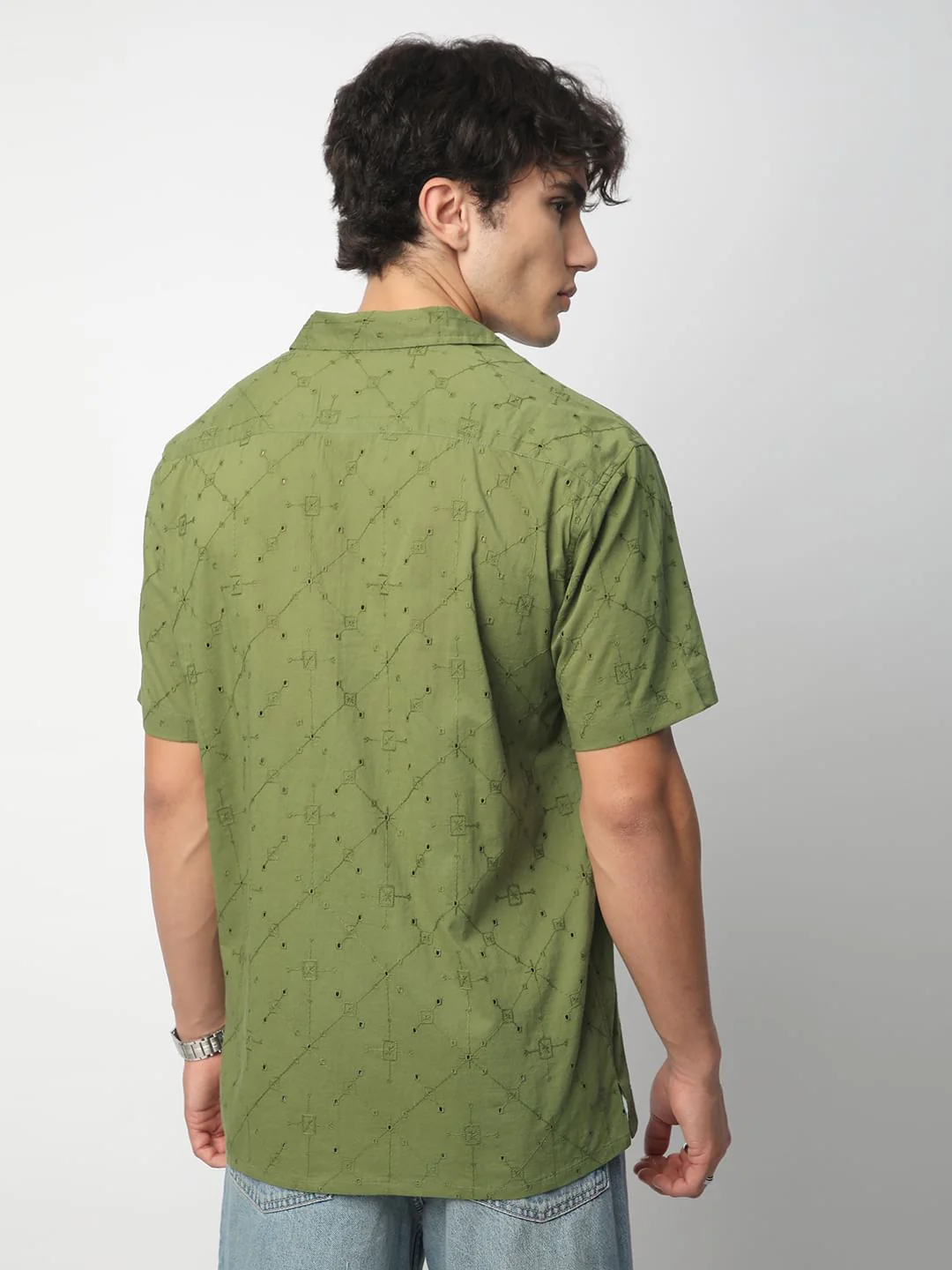 Intricate Olive Geometric Embroidered Oversized Shirt - Image 7