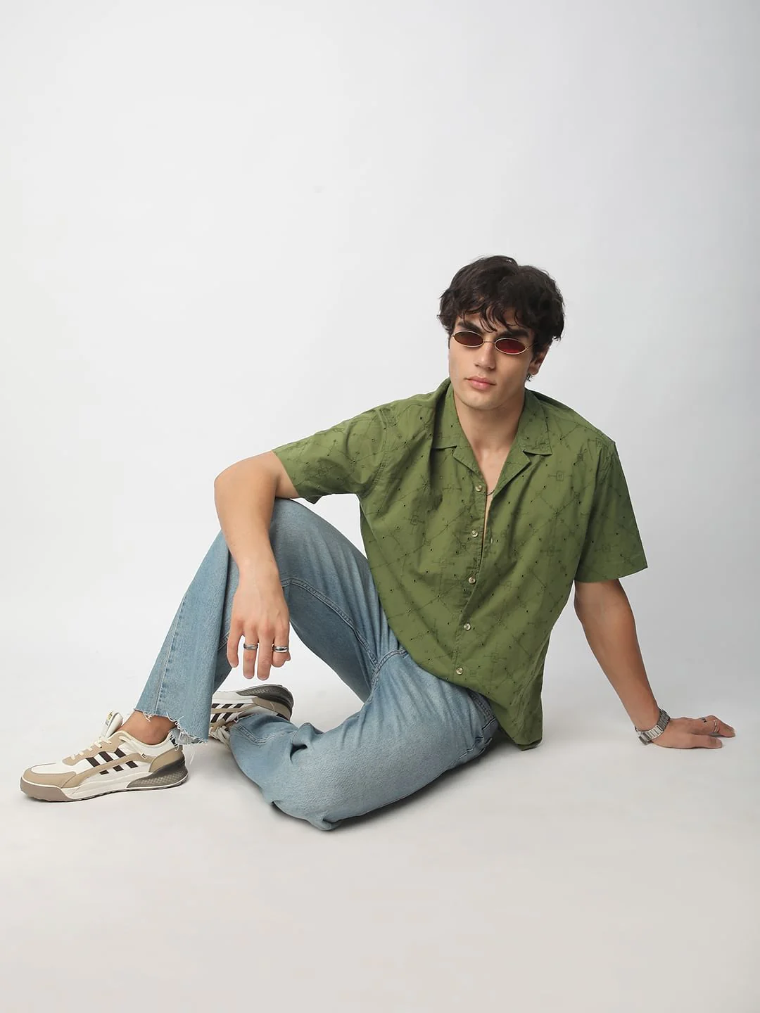 Intricate Olive Geometric Embroidered Oversized Shirt - Image 8