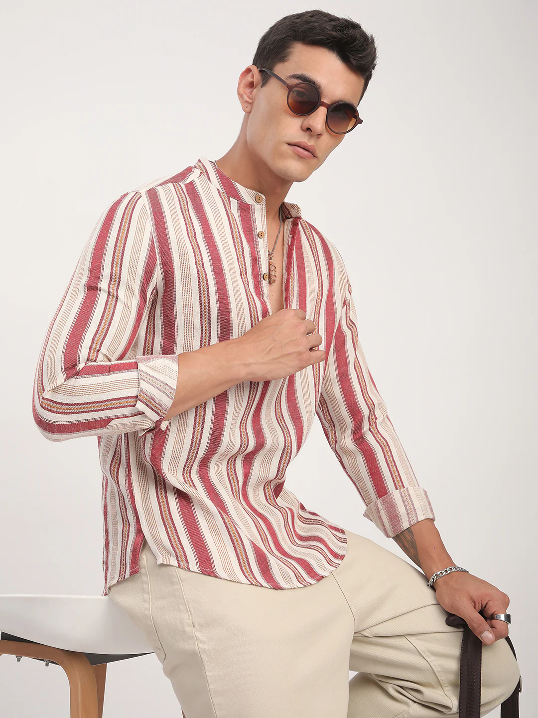Intricate Red & Cream Striped Kurta - Image 2