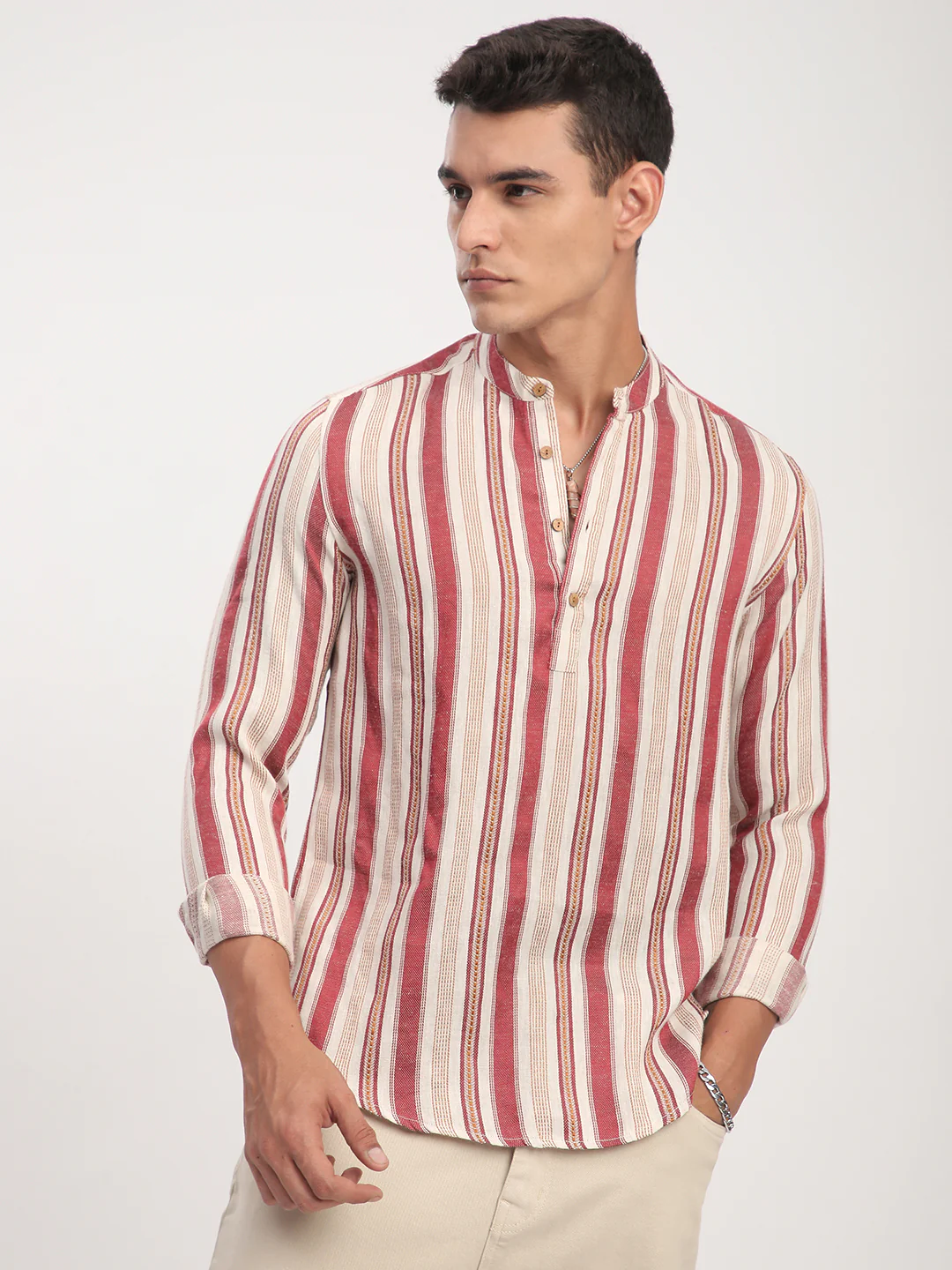 Intricate Red & Cream Striped Kurta - Image 4