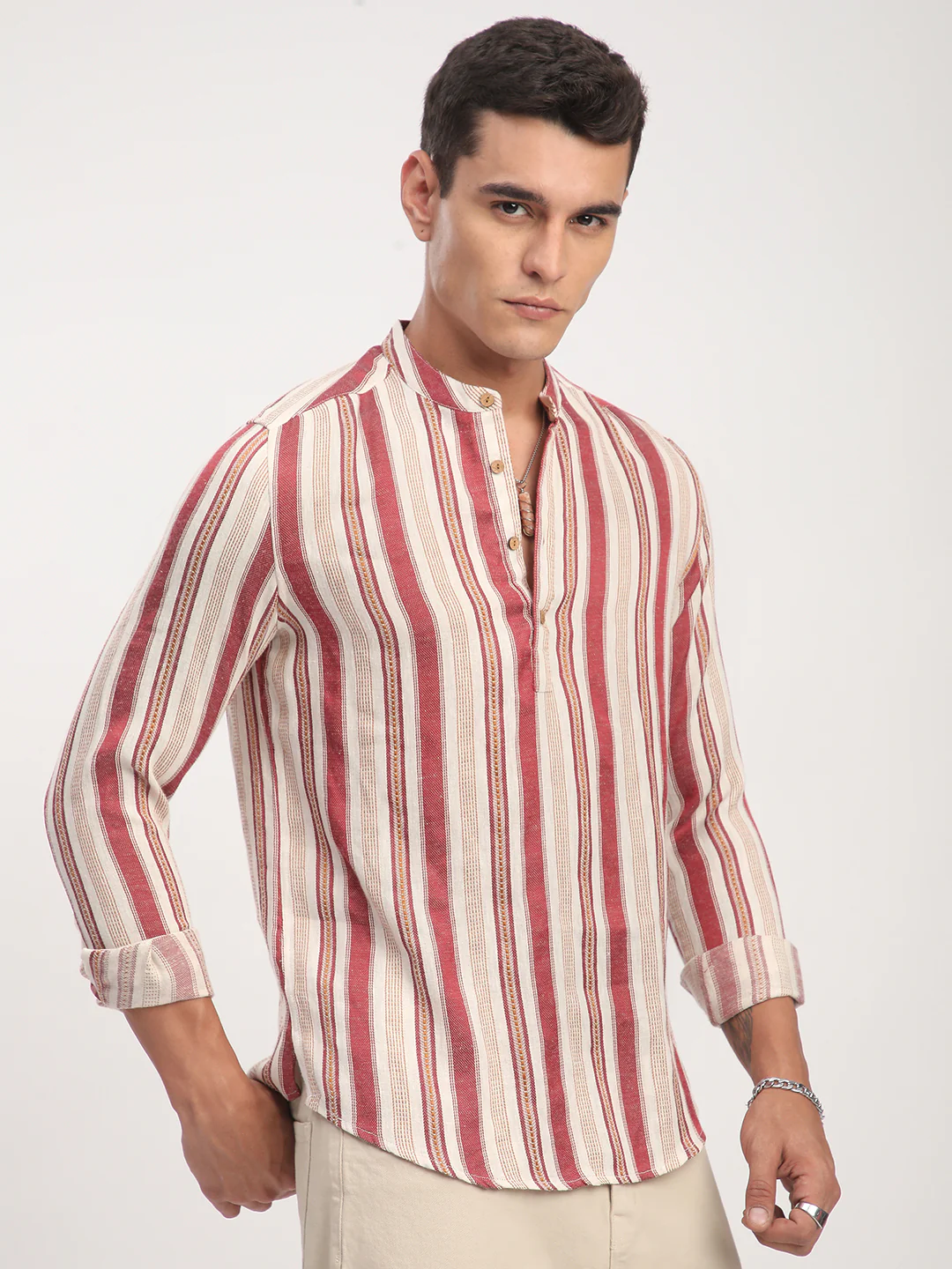 Intricate Red & Cream Striped Kurta - Image 5