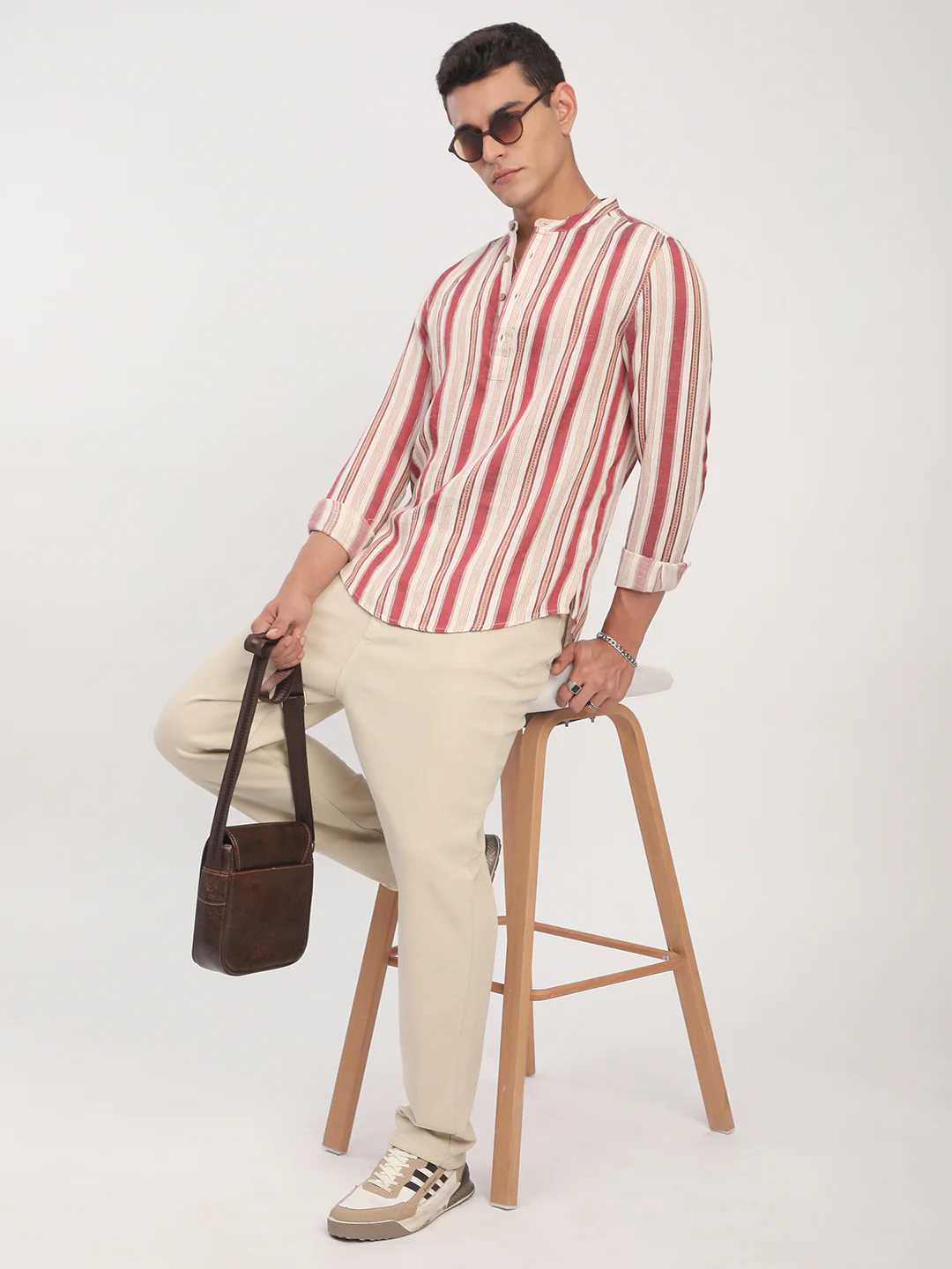 Intricate Red & Cream Striped Kurta - Image 7