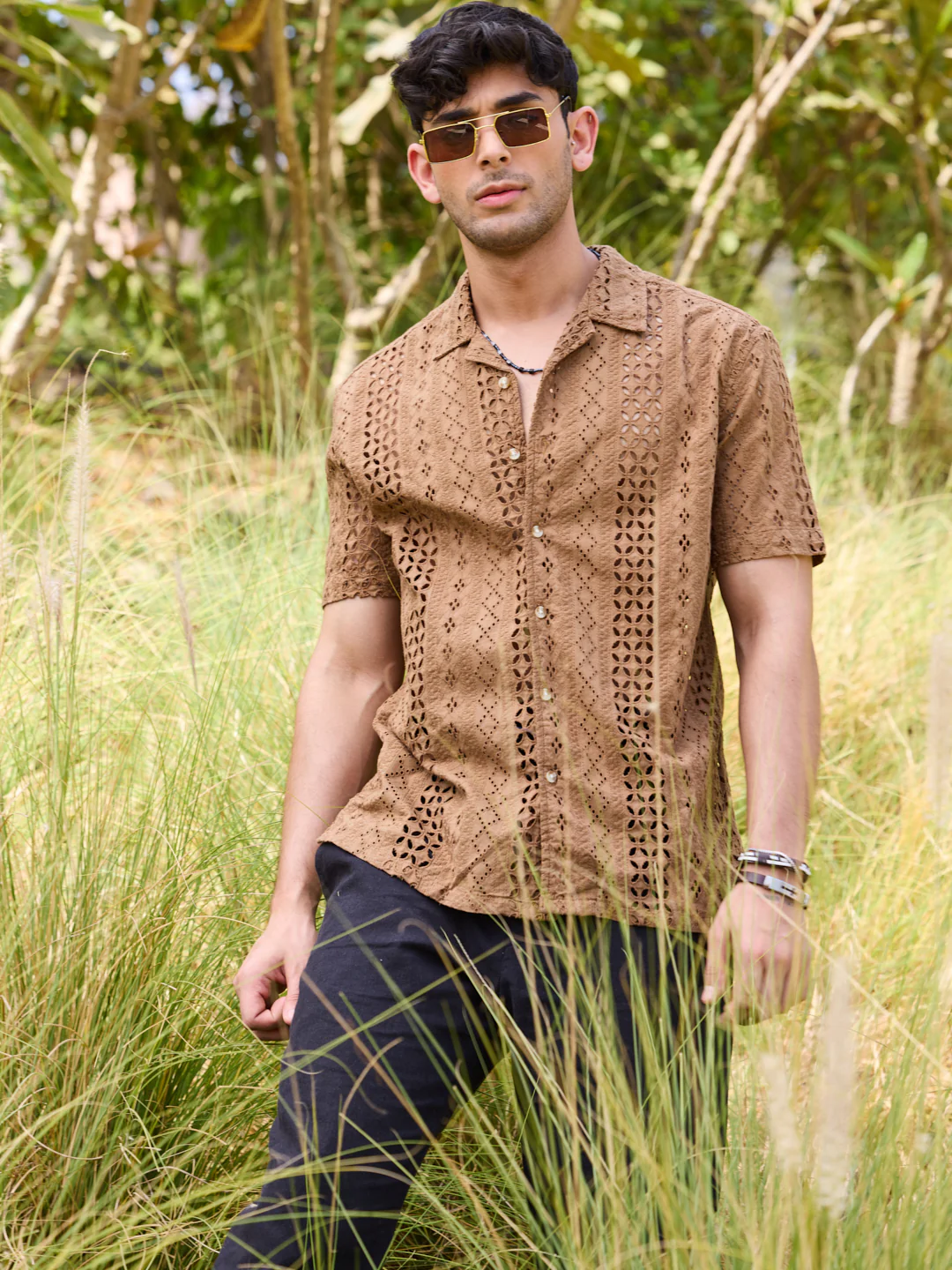 Intricate Schiffli Brown Oversized Shirt - Image 2