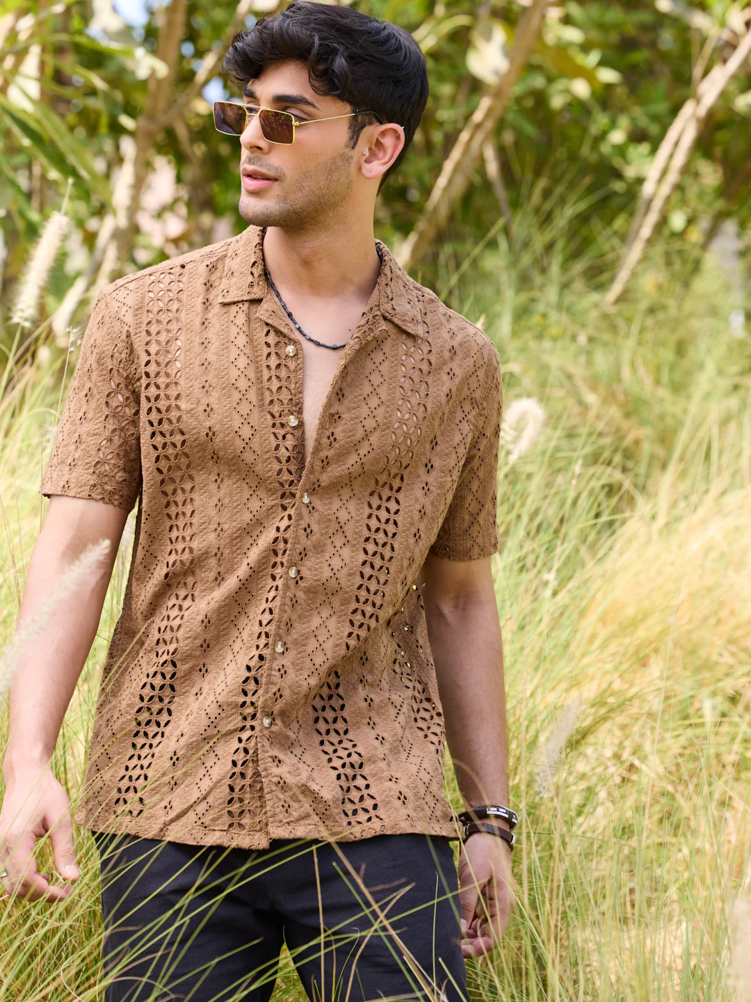 Intricate Schiffli Brown Oversized Shirt - Image 3