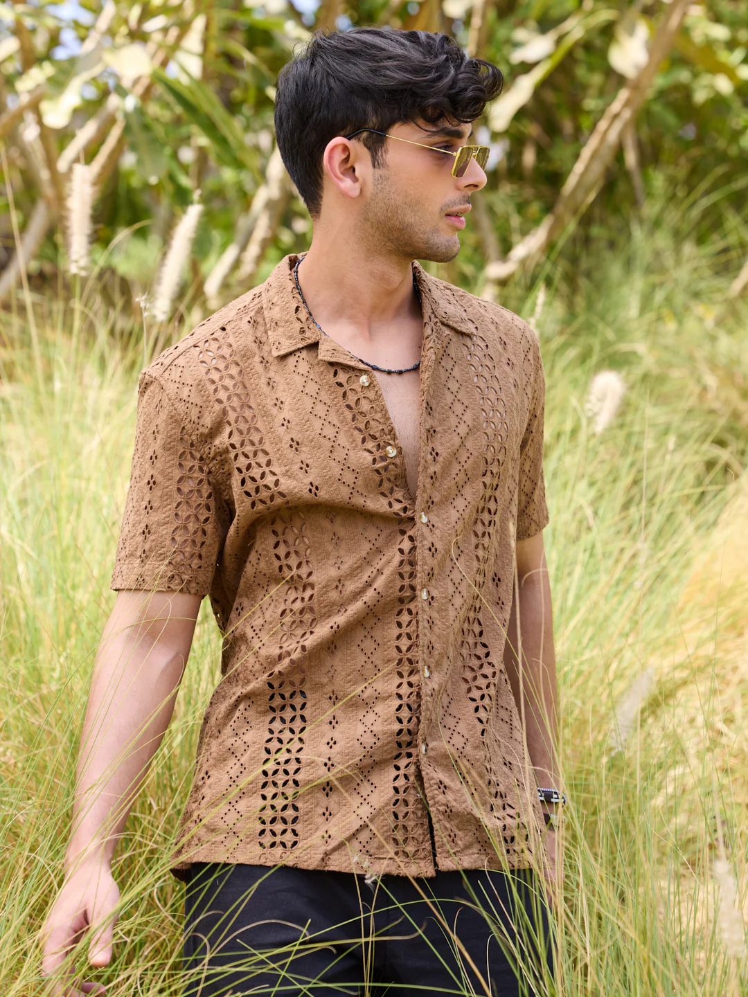 Intricate Schiffli Brown Oversized Shirt - Image 4