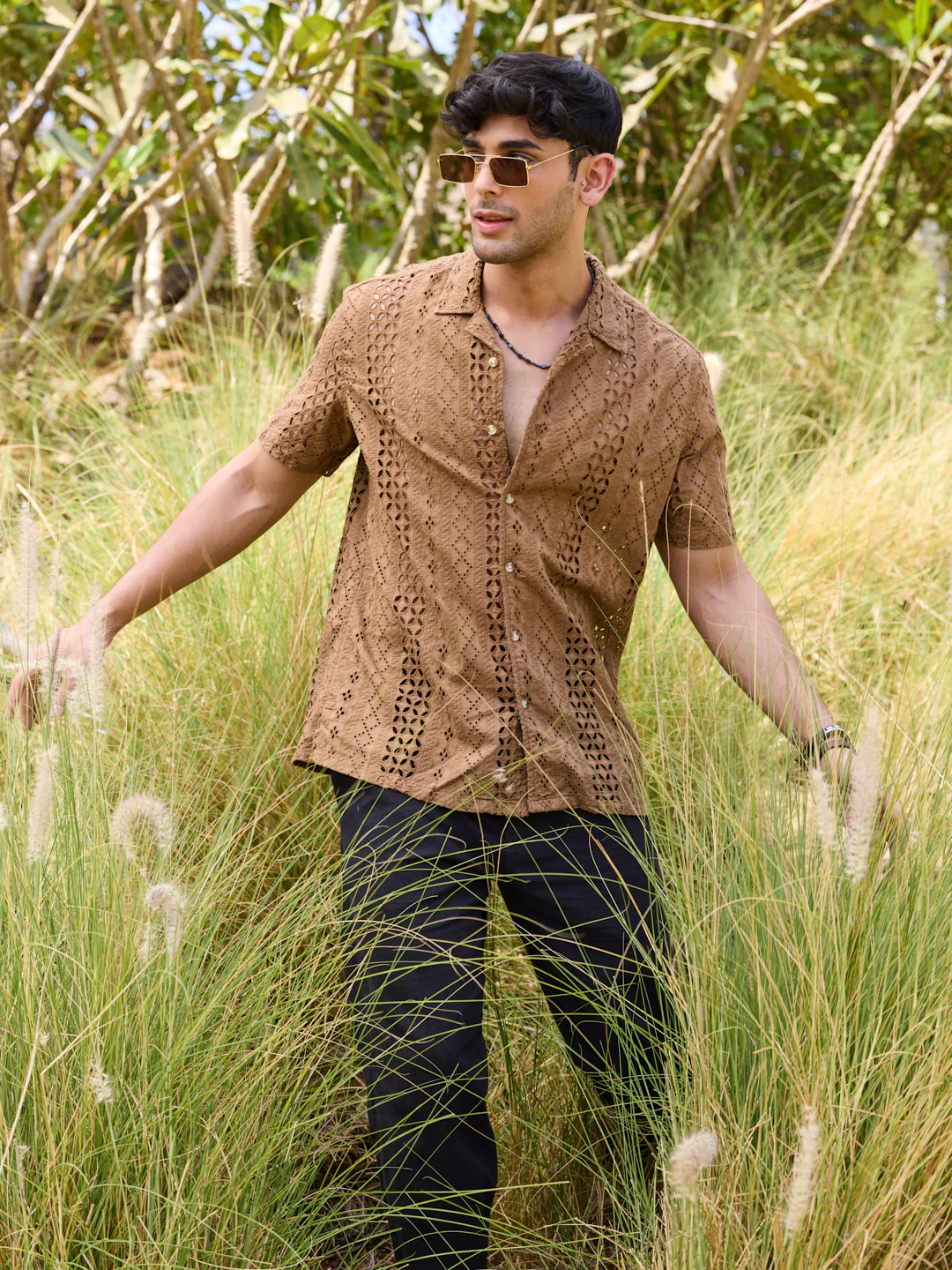 Intricate Schiffli Brown Oversized Shirt - Image 6