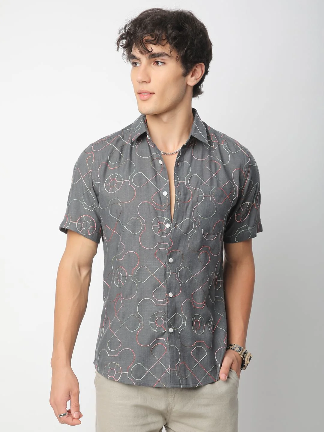 Intricate Smoky Grey Contrast Embroidered Shirt - Image 5