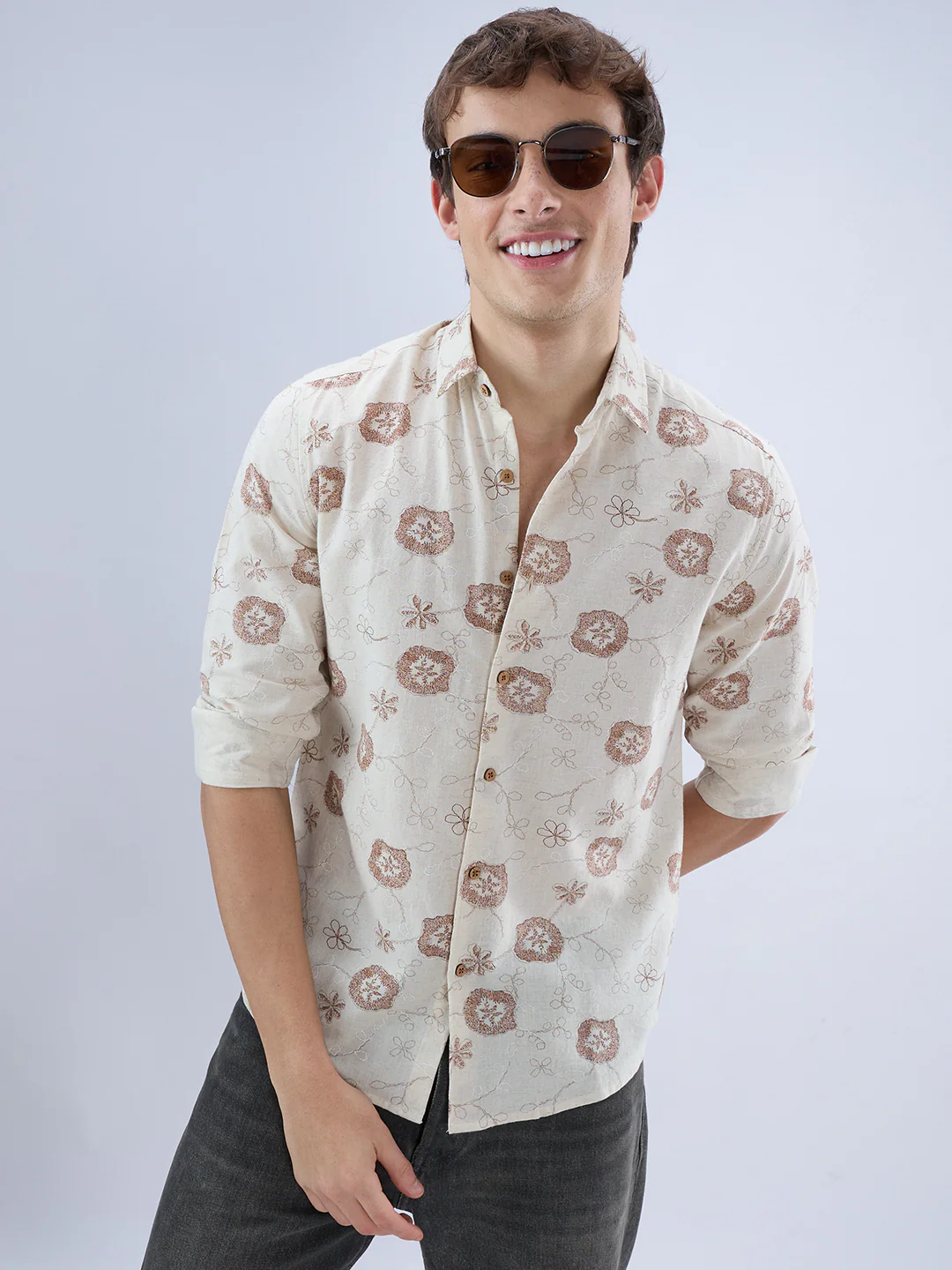 Intricate Soft Beige & Brown Botanical Bloom Linen Blend Shirt - Image 2