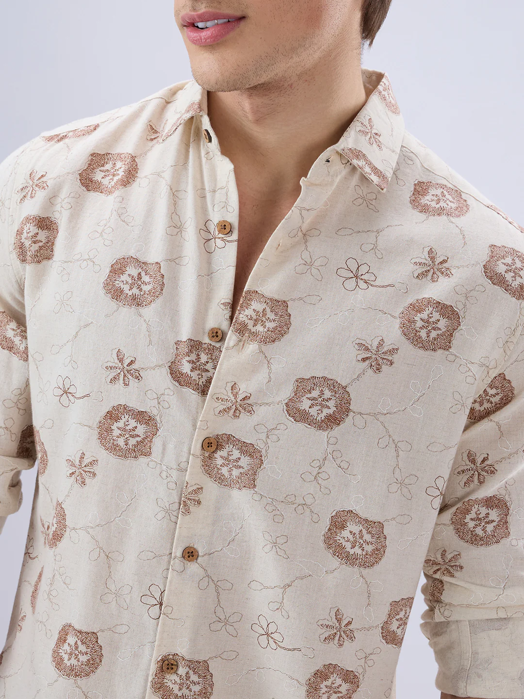Intricate Soft Beige & Brown Botanical Bloom Linen Blend Shirt - Image 3